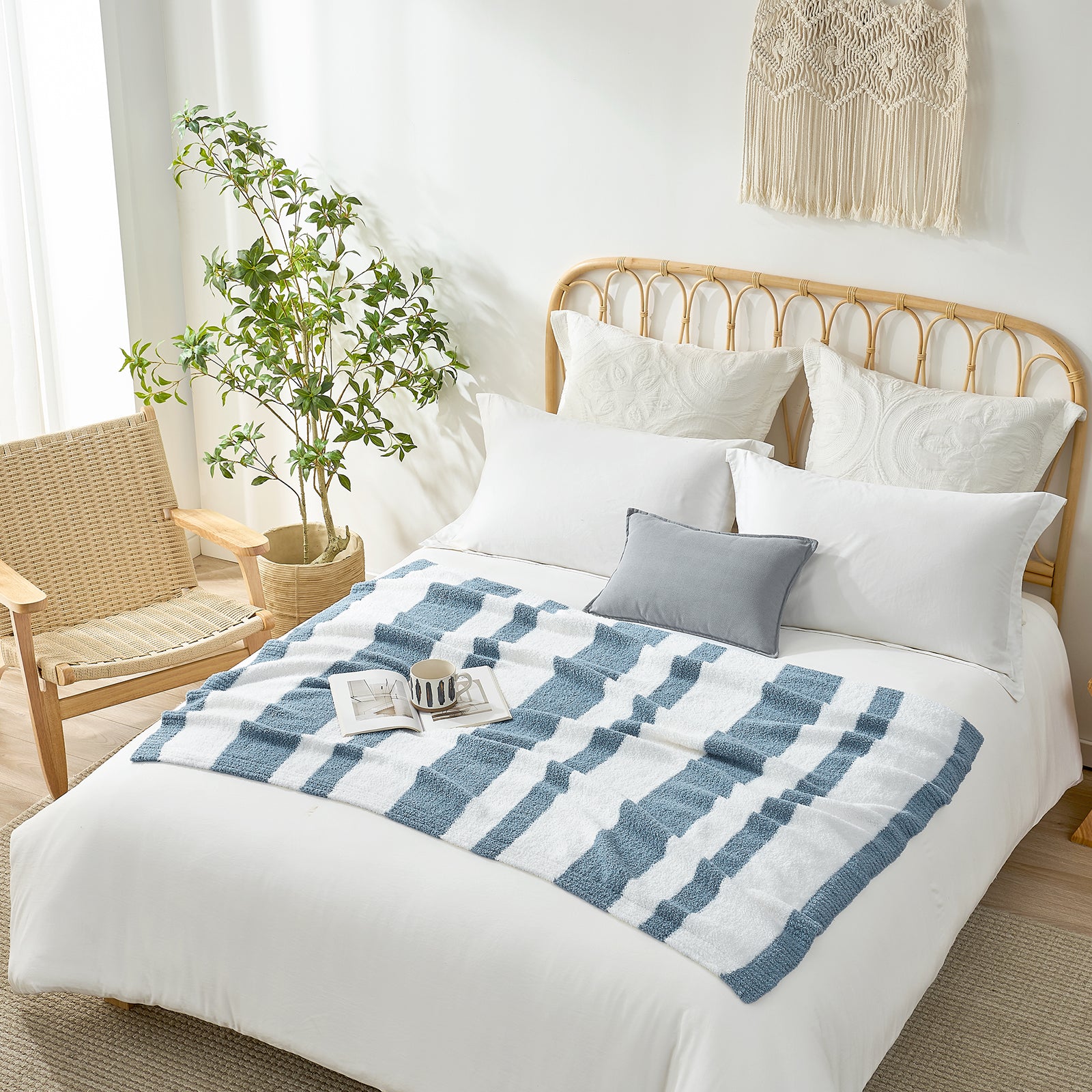 SnugCozy Reversible Blue Striped Feather Yarn Knit Throw Blanket