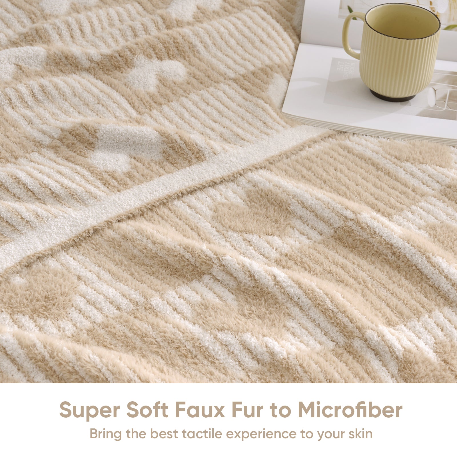 Beige and white patterned rug with a mug on a surface#color_Cream/Beige