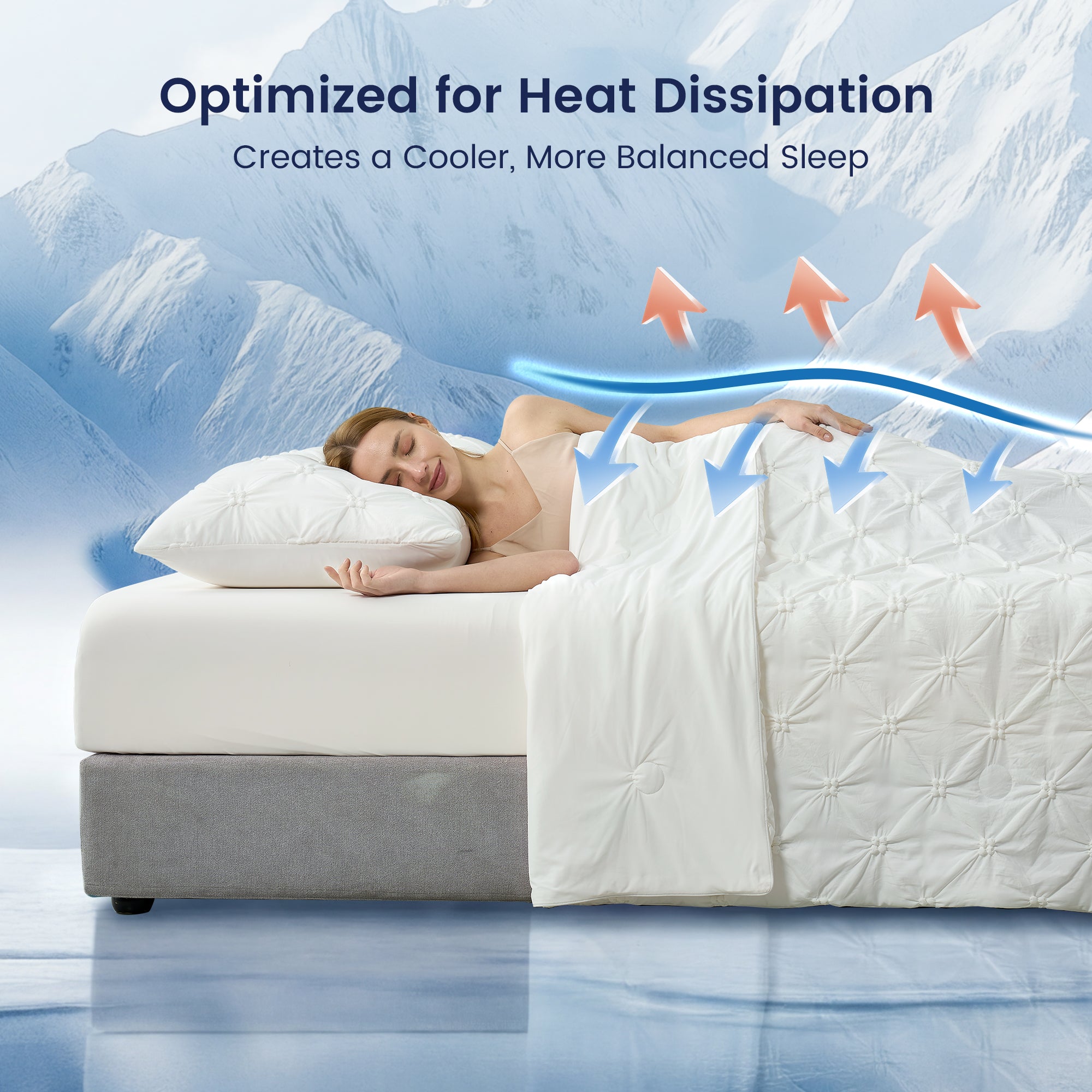 A woman wrapped in Snuggle Sac Cooling comforter showing the effects of optimised heat dissipation
#color_White