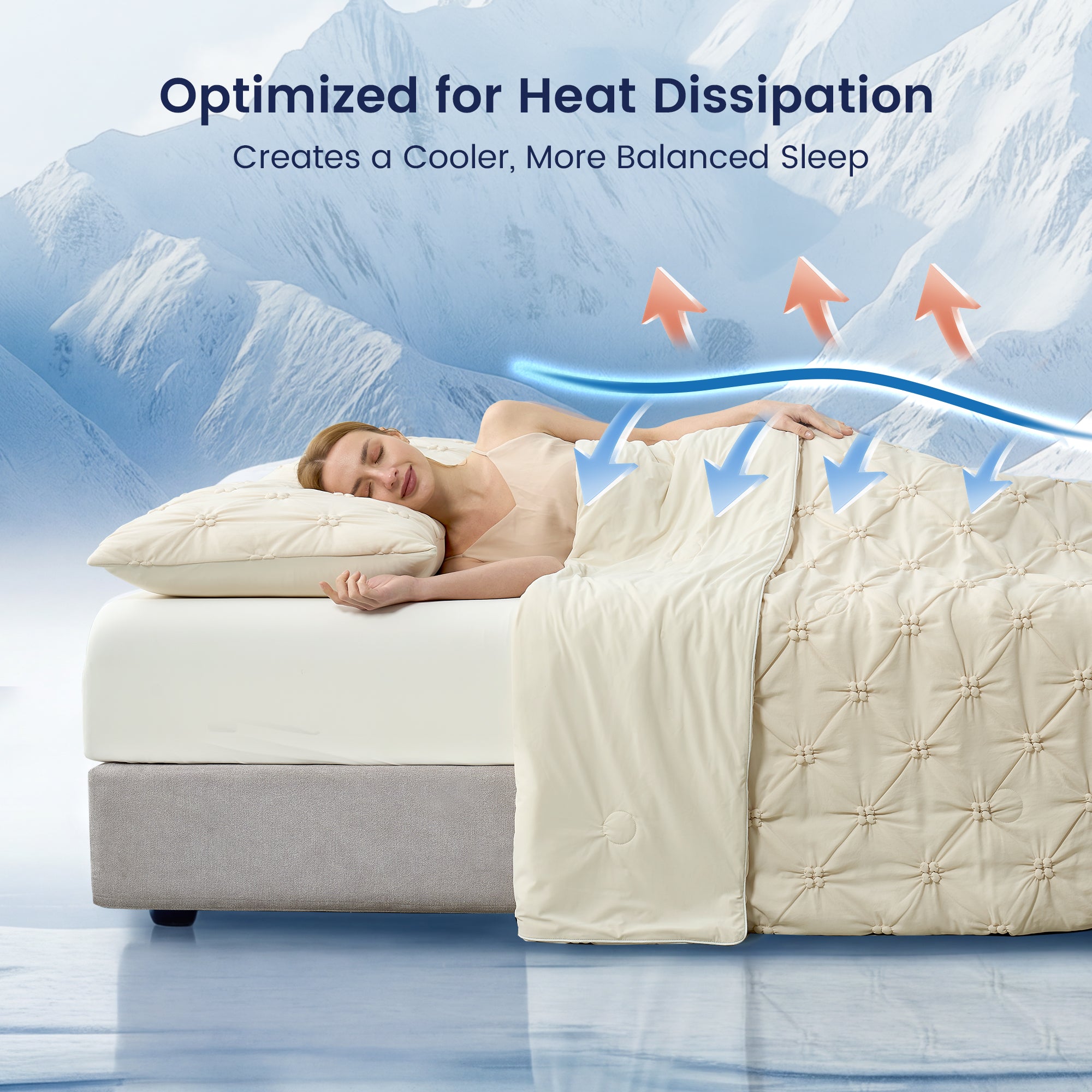 A woman wrapped in Snuggle Sac Cooling comforter showing the effects of optimised heat dissipation#color_Beige