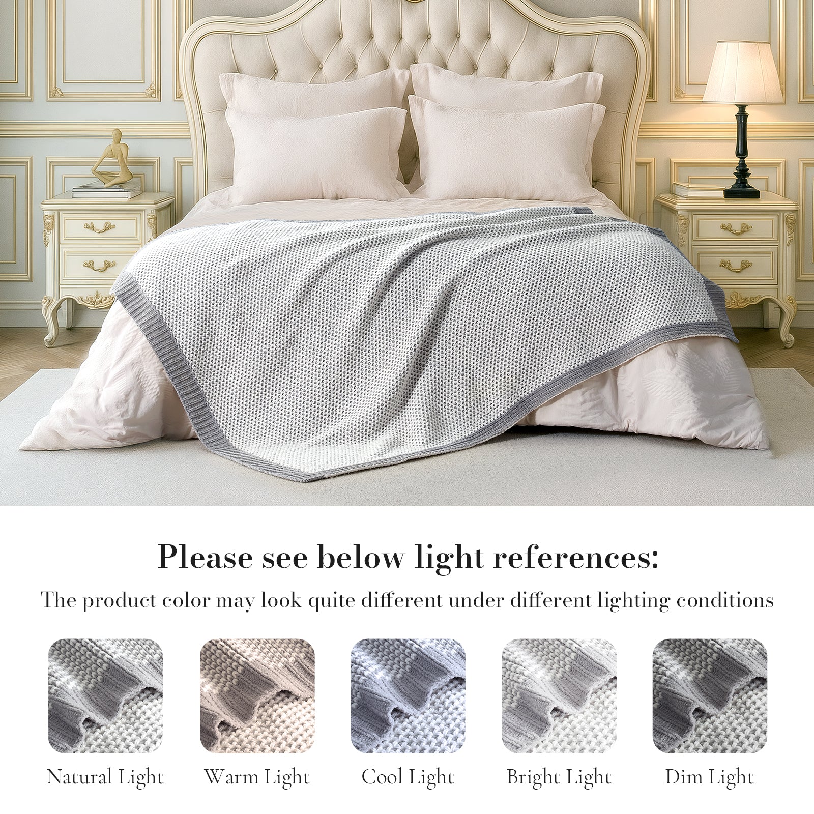 Two tone chenille knit throw blanket in Grey layered on bed with lighting reference showing color variations #color_Grey