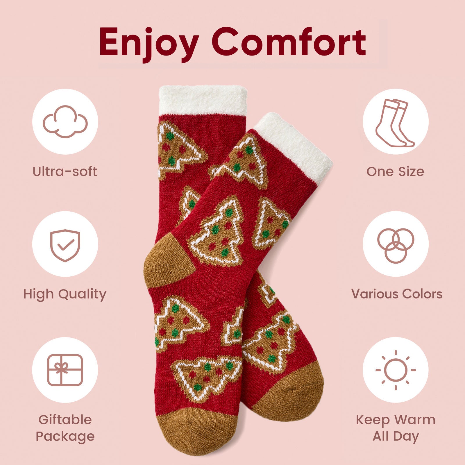 Women Double Layer Christmas Socks 2 pairs - Red & Green