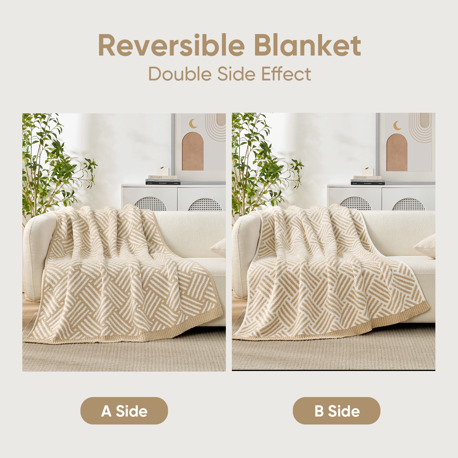 Classic Boho Feather Yarn Knit Throw Blanket, featuring Reversible Blanket and Double Side Effect#color_Beige