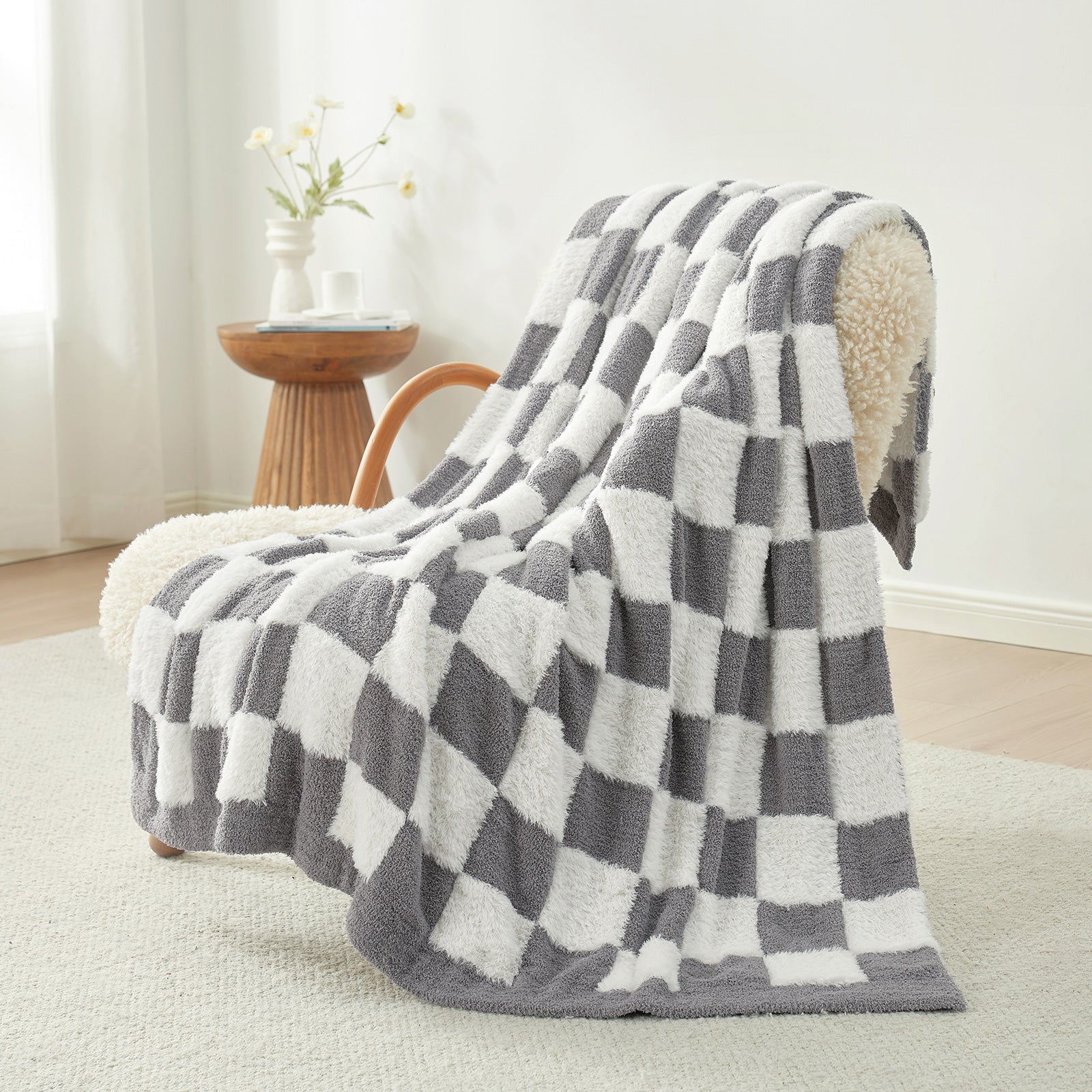 Checkered Faux Fur Microfiber Blanket - #Color_Grey White