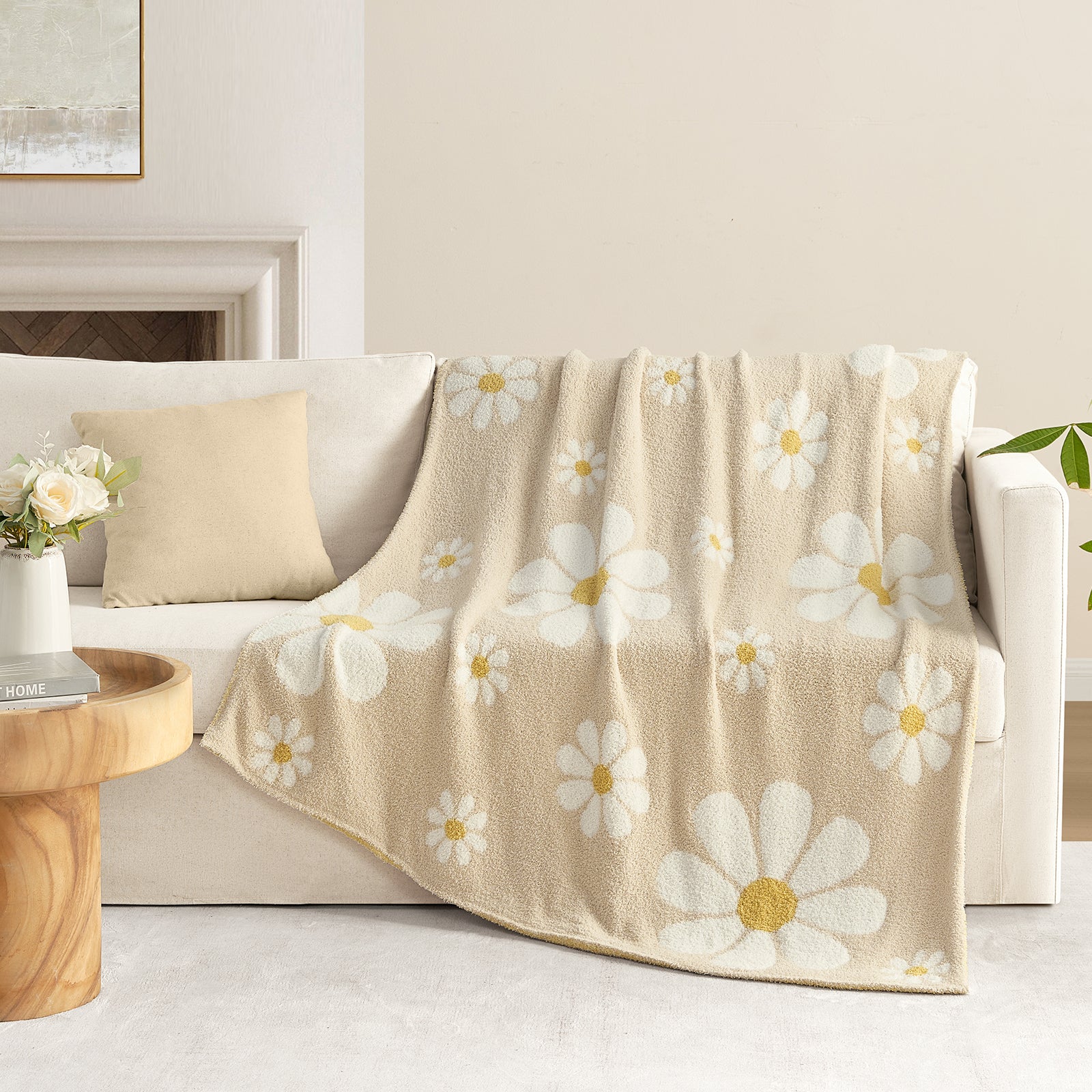 SnugCozy Spring Floral Feather Yarn Knit Throw Blanket