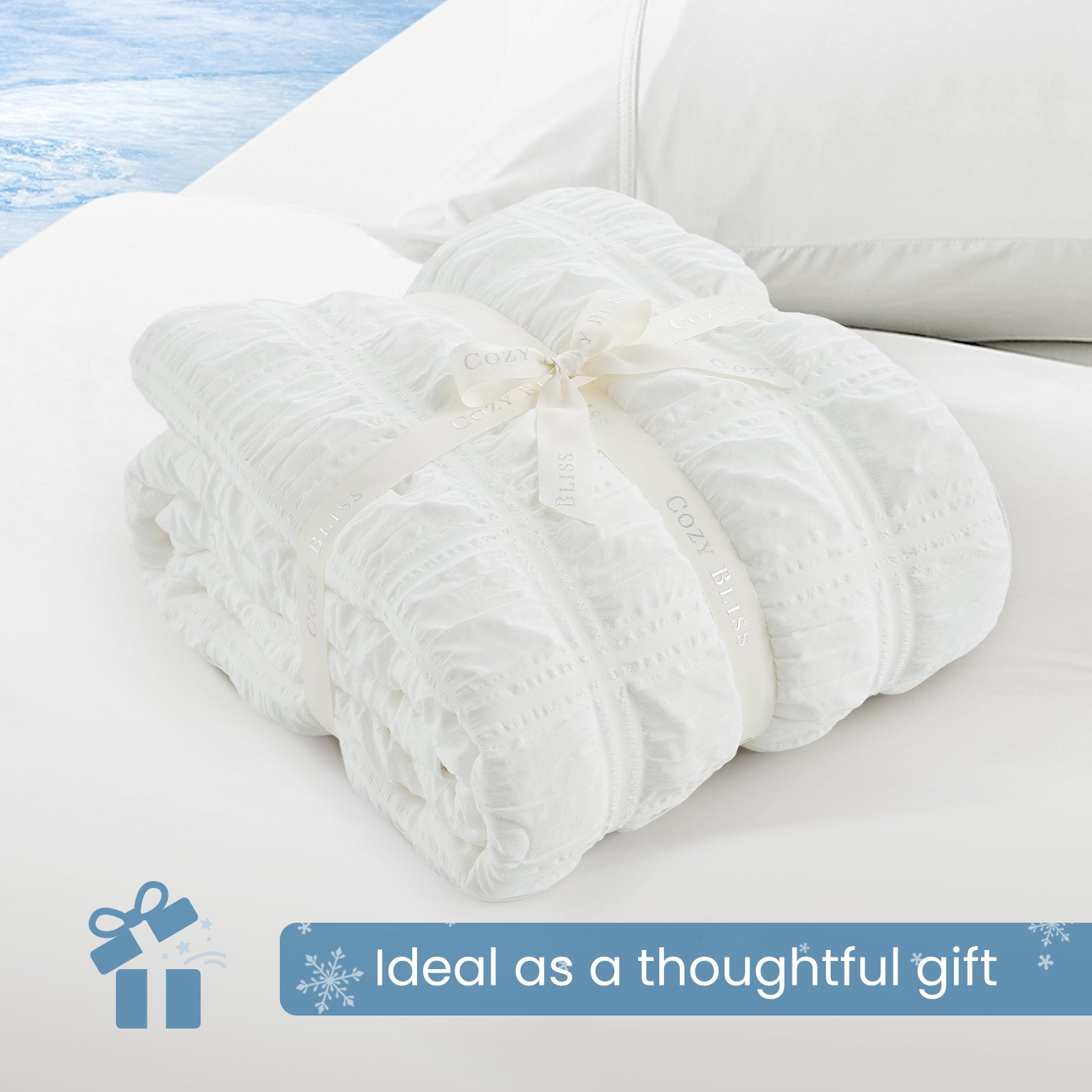 Folded Snuggle Sac white comforter with white ribbon,perfect as gift.#color_White