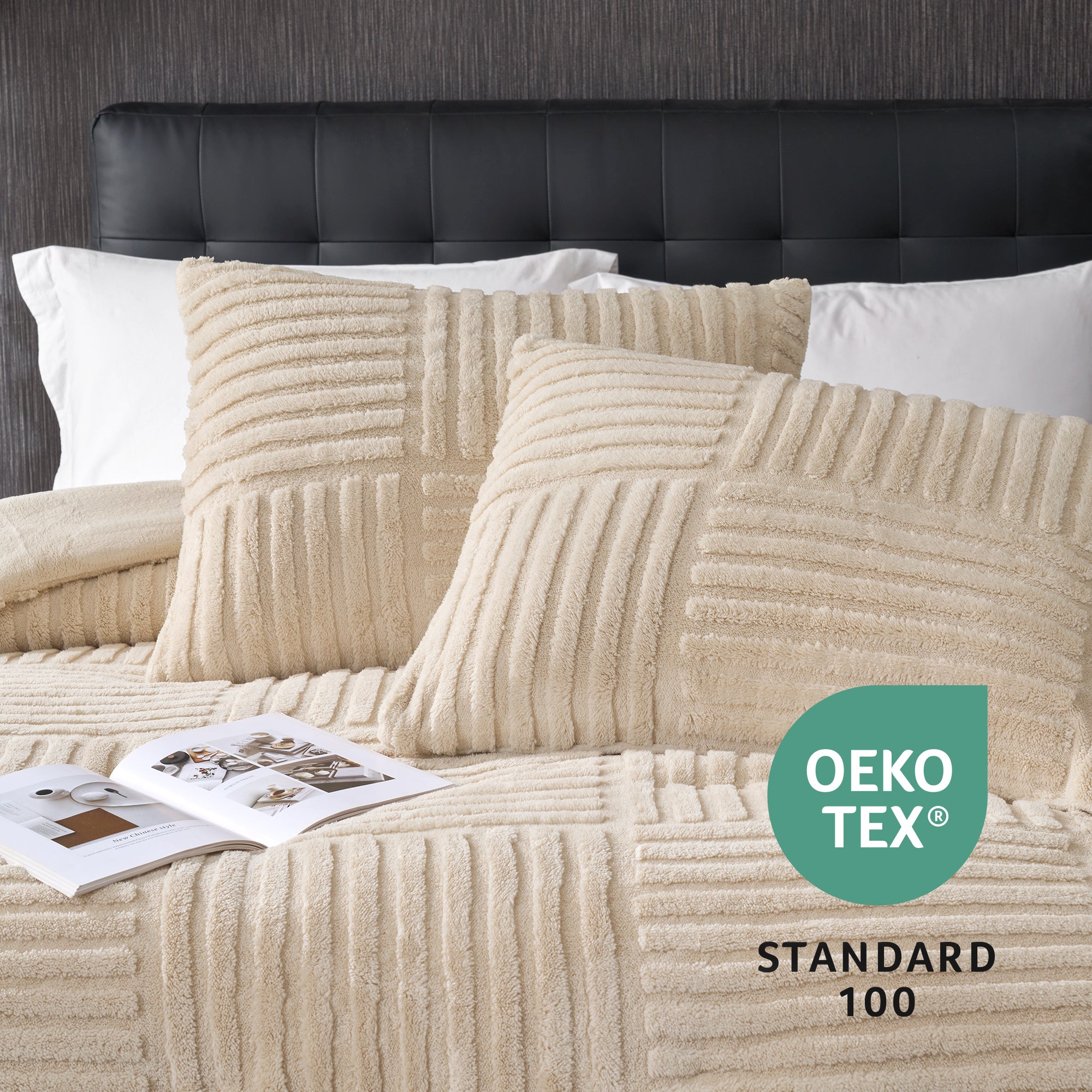 Snuggle Sac Winter Stripe Jacquard Design Comforter Set Pillow in beige on bed with OEKO TEX Certificate#color_Khaki
