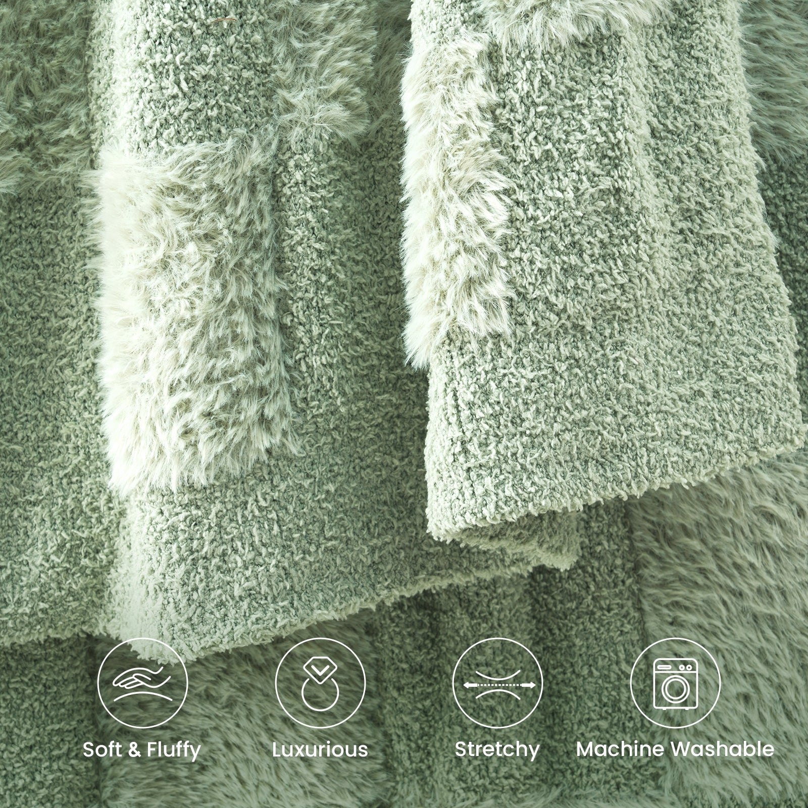 Checkered Faux Fur Microfiber Blanket - #Color_Sage Green