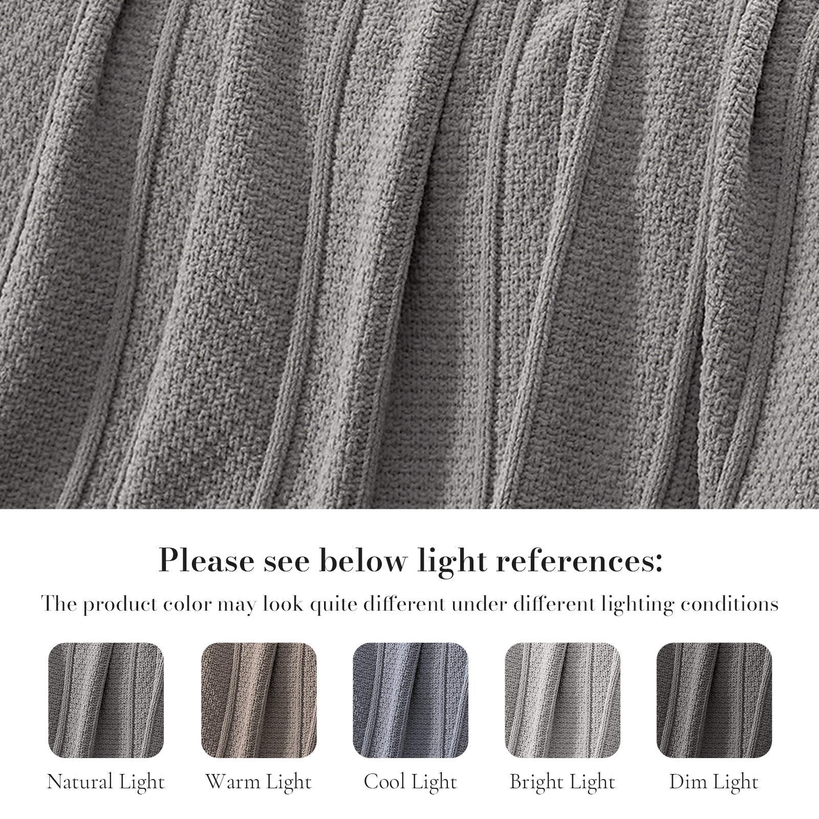 Close-up of textured fabric with color swatches labeled for different lighting conditions. #color_Gray