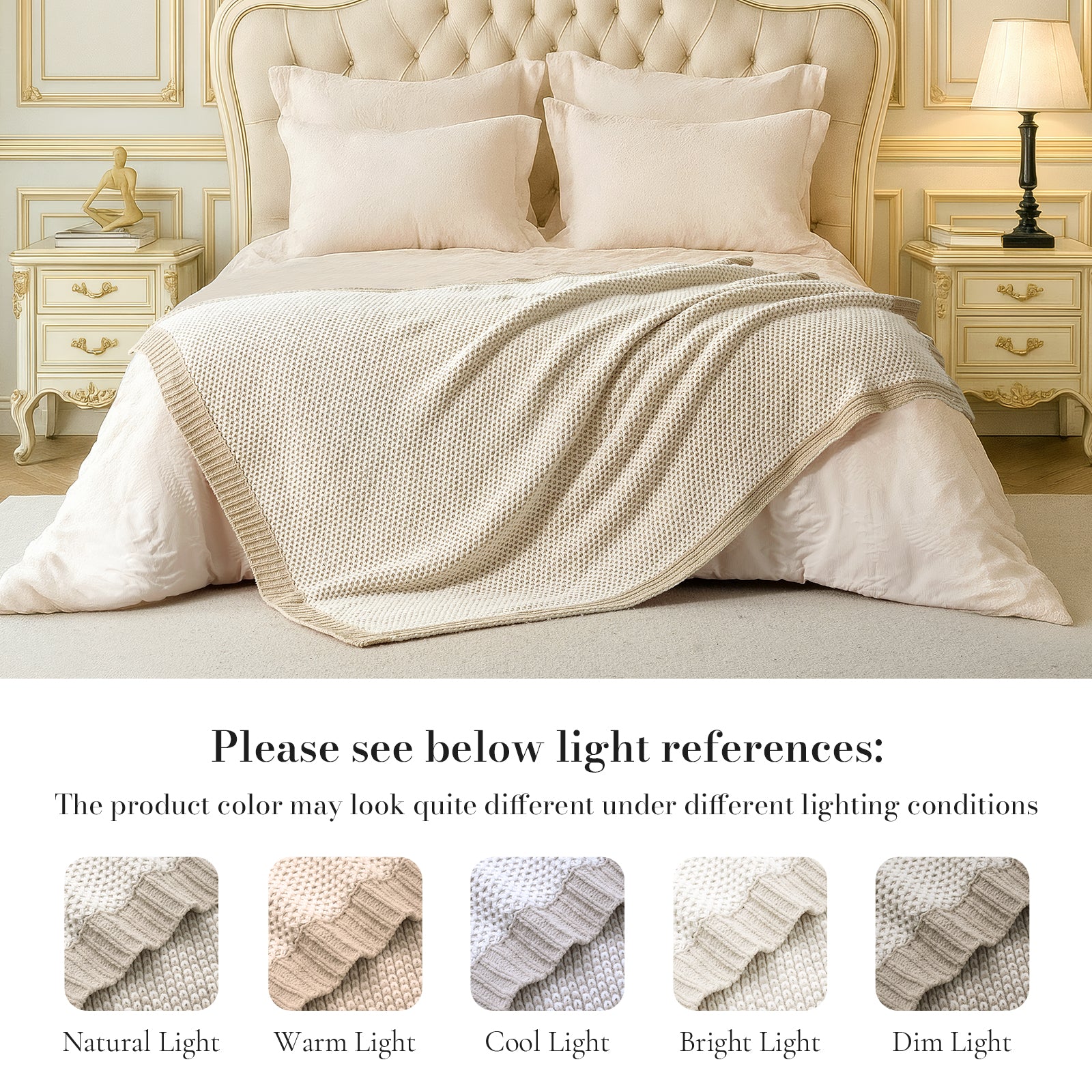 Two tone chenille knit throw blanket in Khaki layered on bed with lighting reference showing color variations #color_Khaki