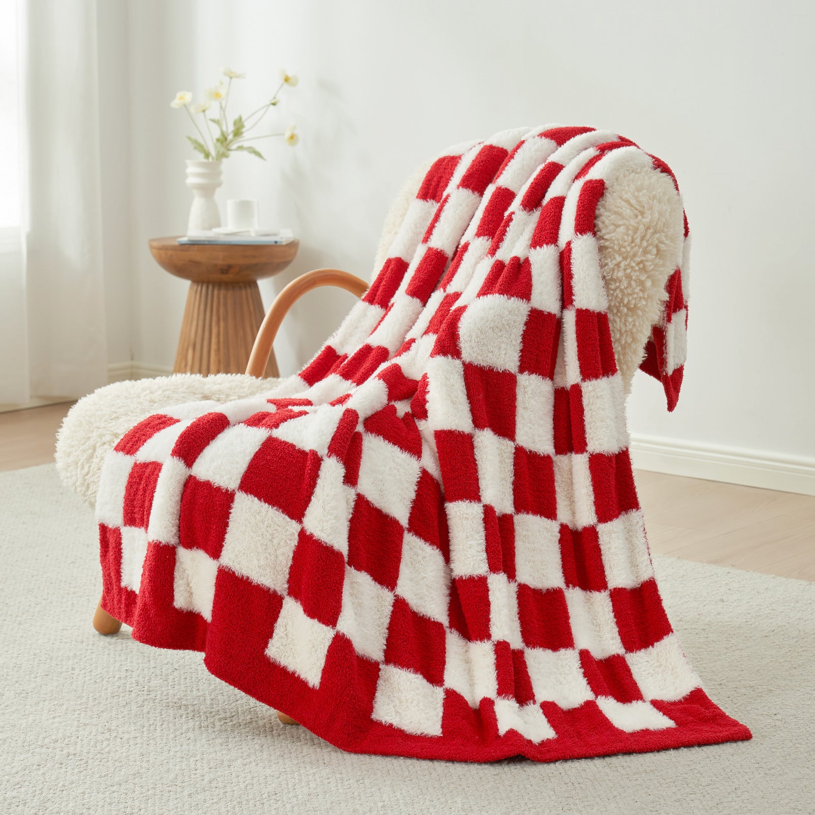 Checkered Faux Fur Microfiber Blanket - #Color_Red/Cream