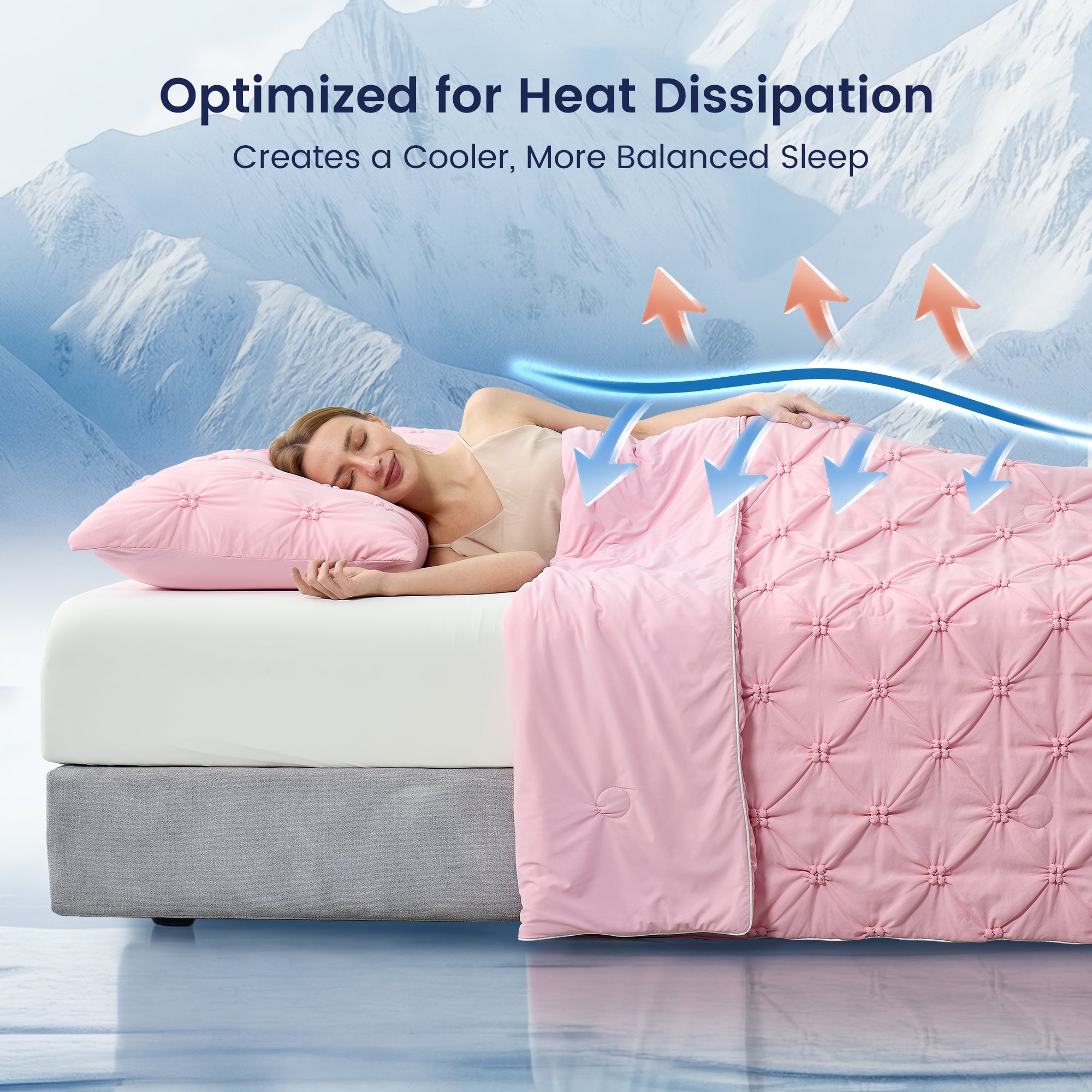 A woman wrapped in Snuggle Sac Cooling comforter showing the effects of optimised heat dissipation#color_Pink