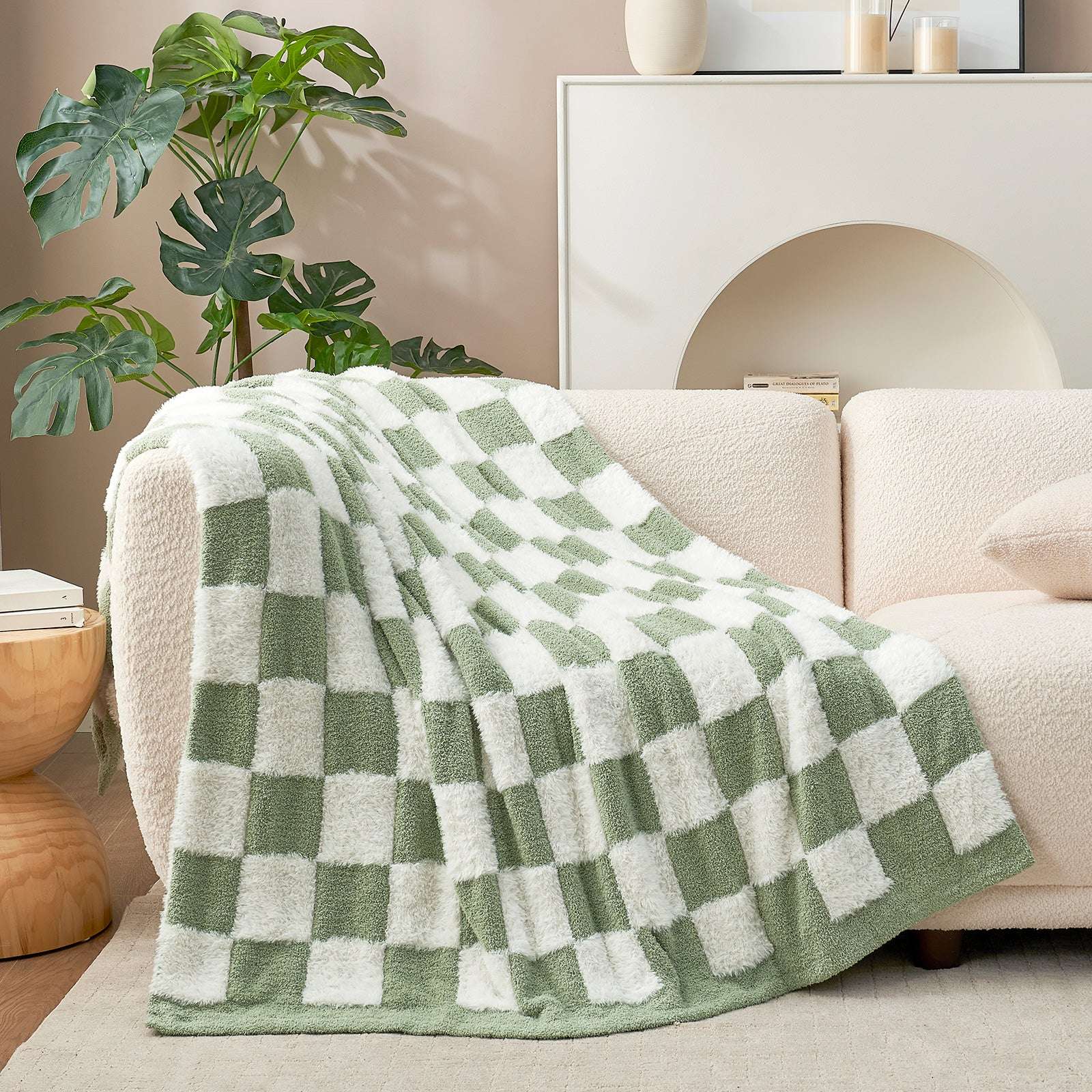 Checkered Faux Fur Microfiber Blanket - #Color_Sage Green White