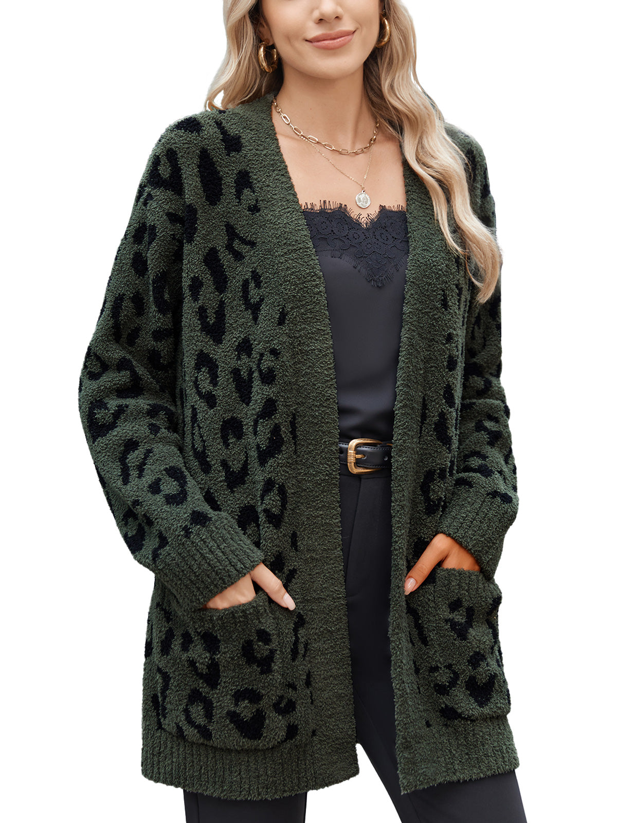 Woman wearing a green cardigan with black leopard print on a white background #color_Leopard Army Green