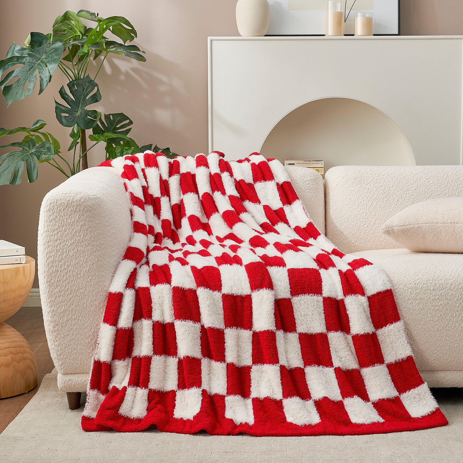 Checkered Faux Fur Microfiber Blanket - #Color_Red/Cream