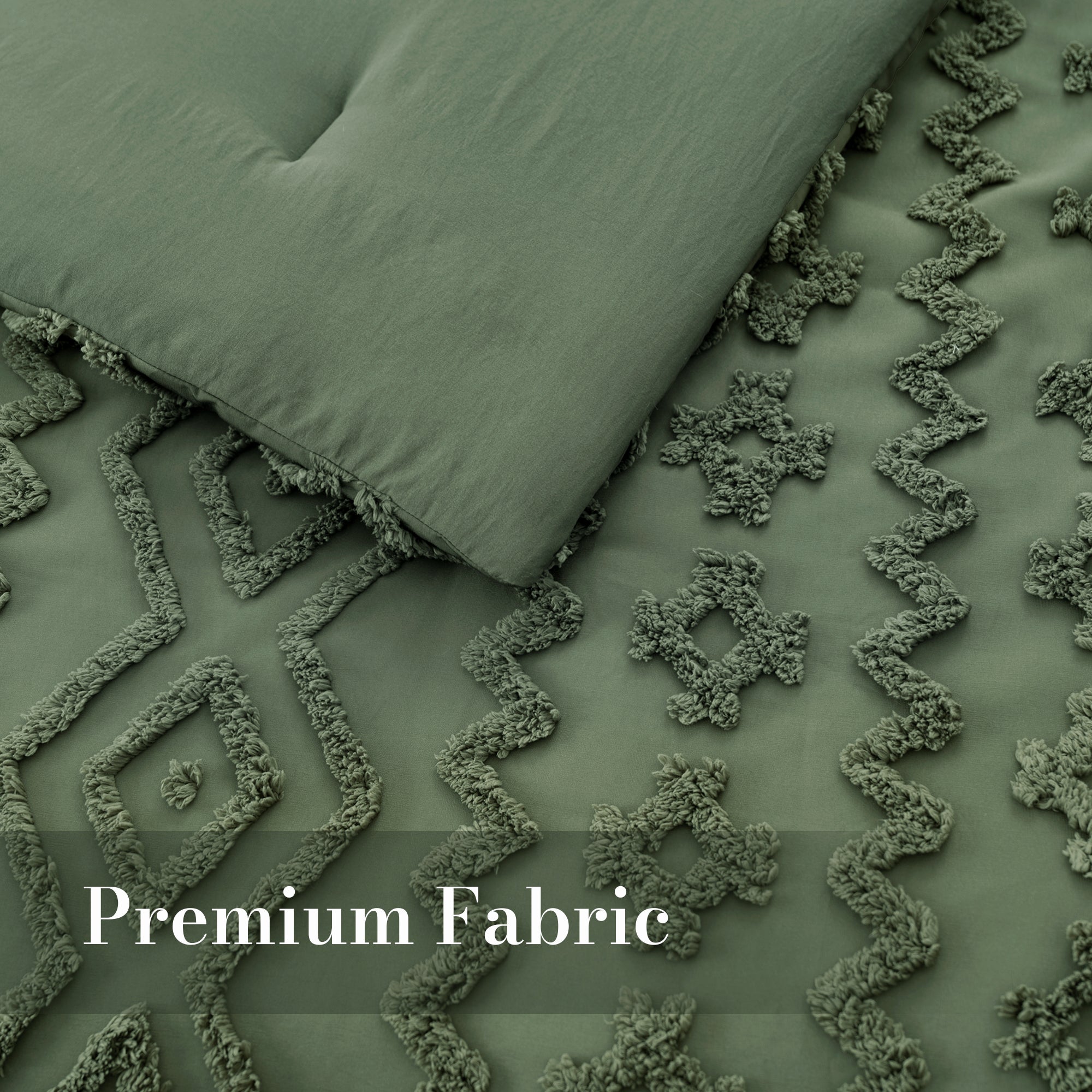 close up of Snuggle Sac All-Season Boho Deluxe Embroidery Comforter Set, featuring premium fabric#color_Oliver Green