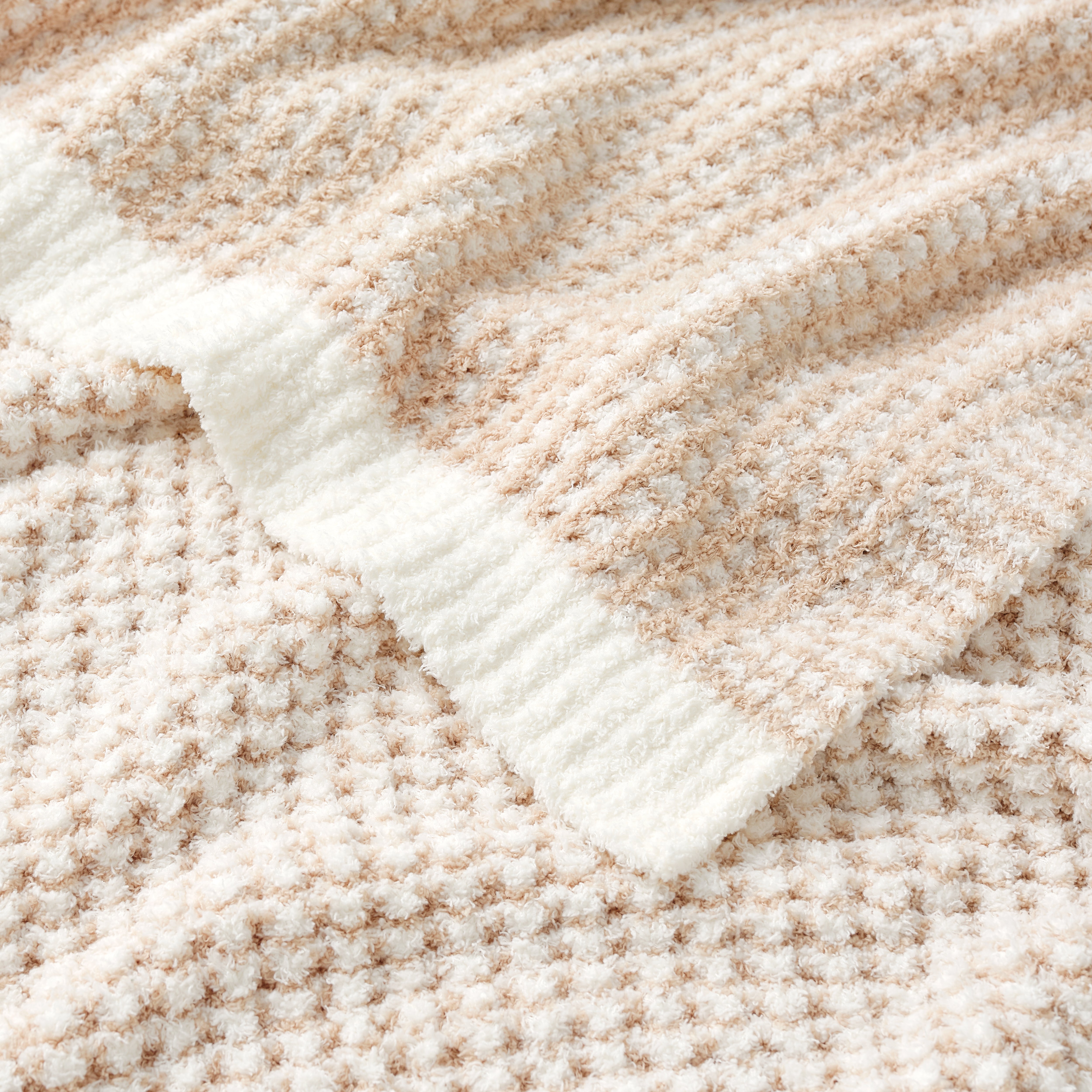 Close up of Soft Waffle Feather Yarn Knit Throw Blanket#color_Cream/Beige