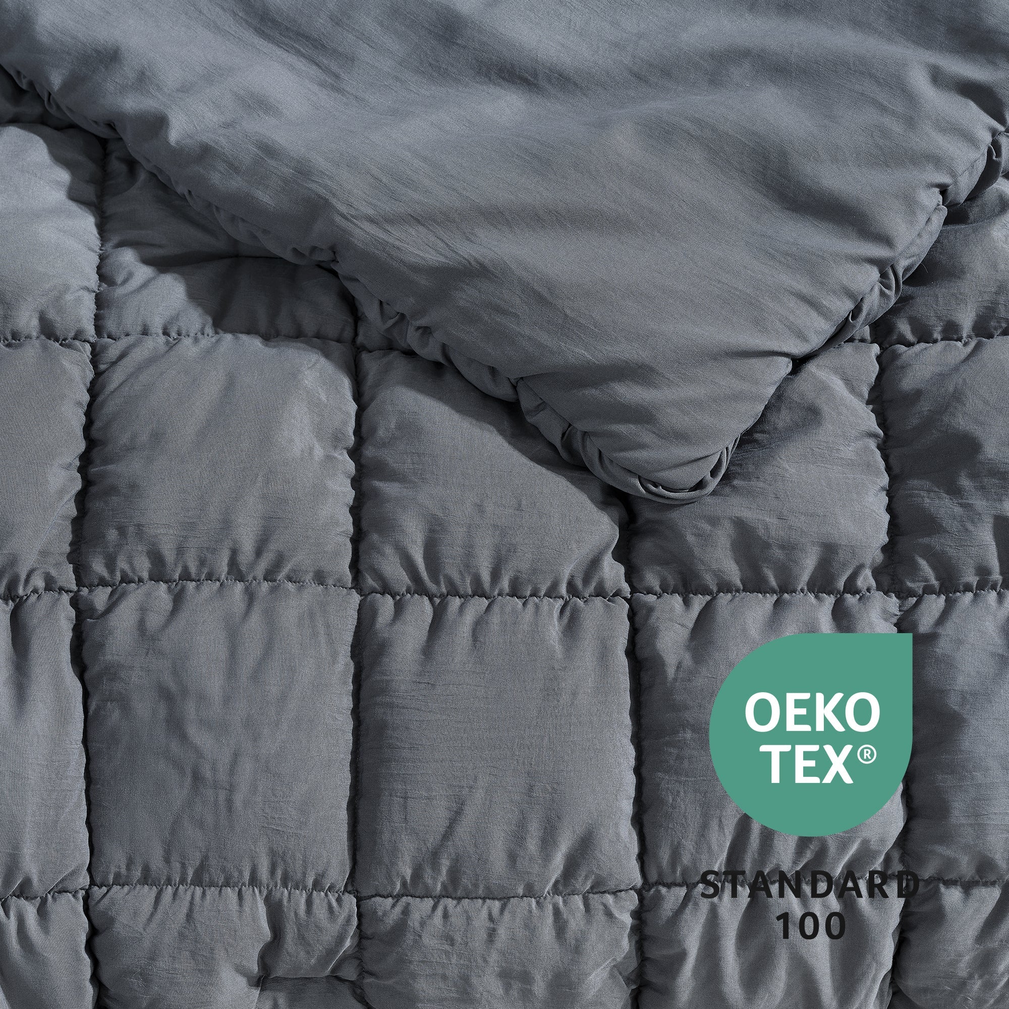 Snuggle Sac All-Season Bubble Comforter Set on bed with OEKO TEX Certificate#color_Dark Grey