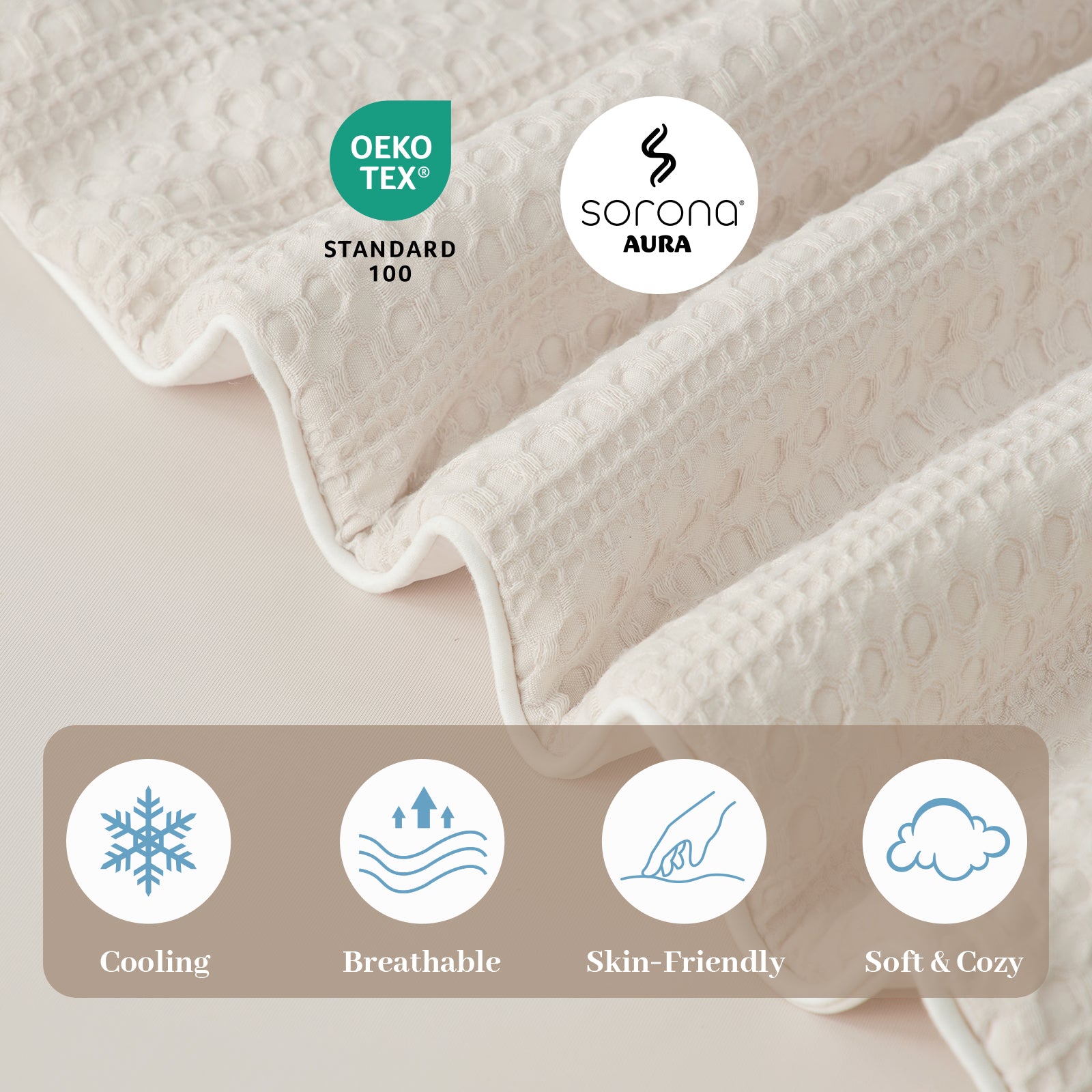 Beige textured fabric with OEKO-TEX and Sorona Aura branding, and icons indicating cooling, breathable, skin-friendly, and soft & cozy properties.#color_Beige