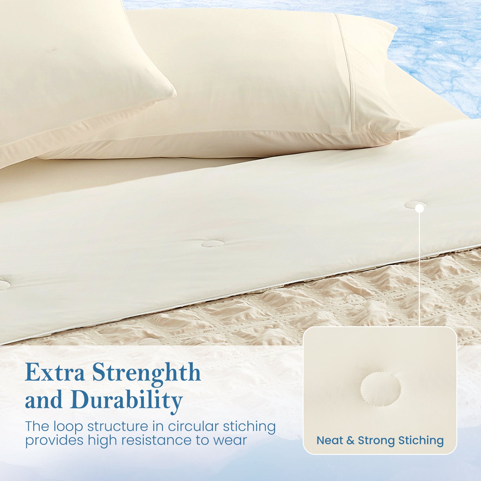 close up of Snuggle Sac cooling blanket, featuring durability#color_Khaki