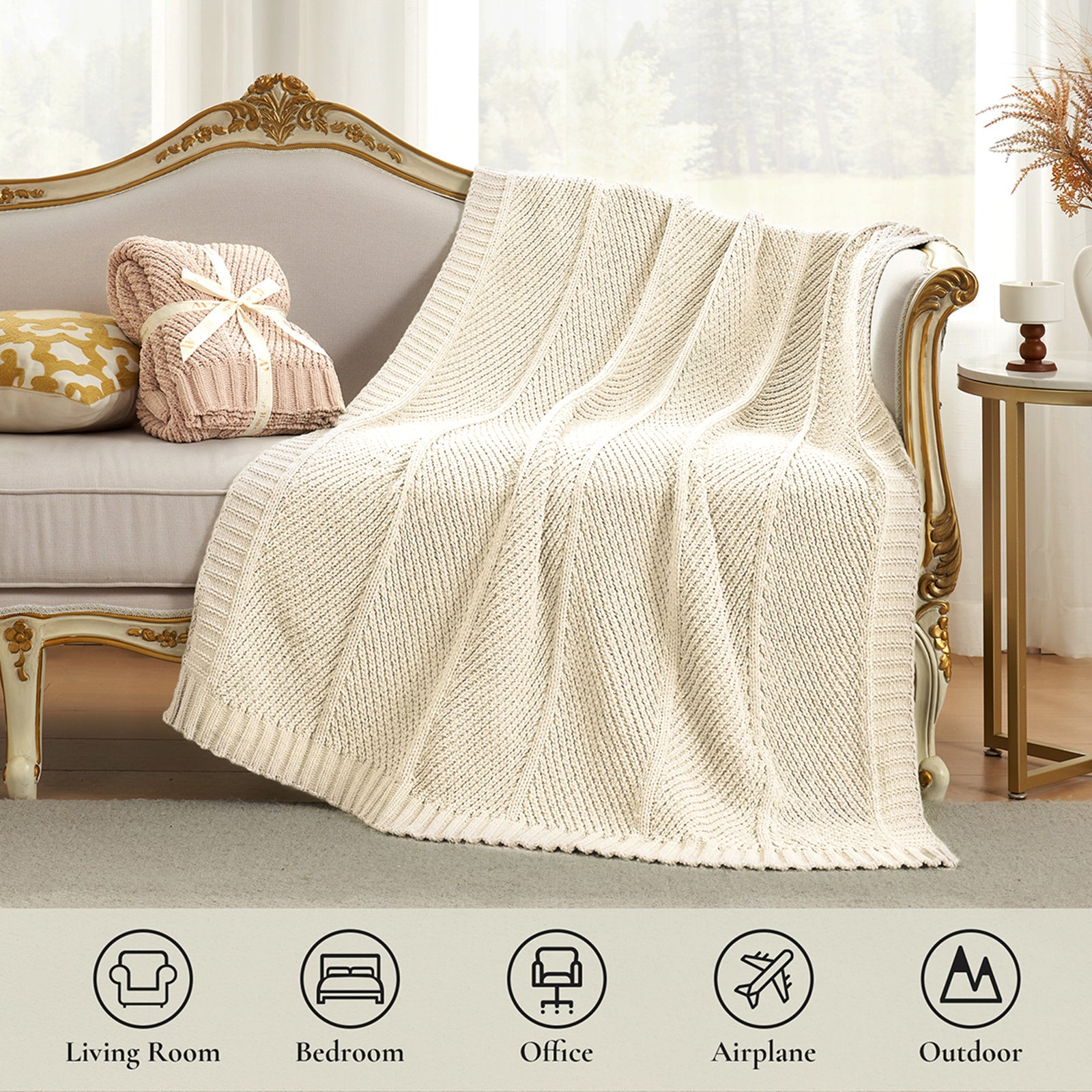 Chevron chenille knit throw blanket in Ivory suitable for living room bedroom office travel and outdoor use #color_Ivory