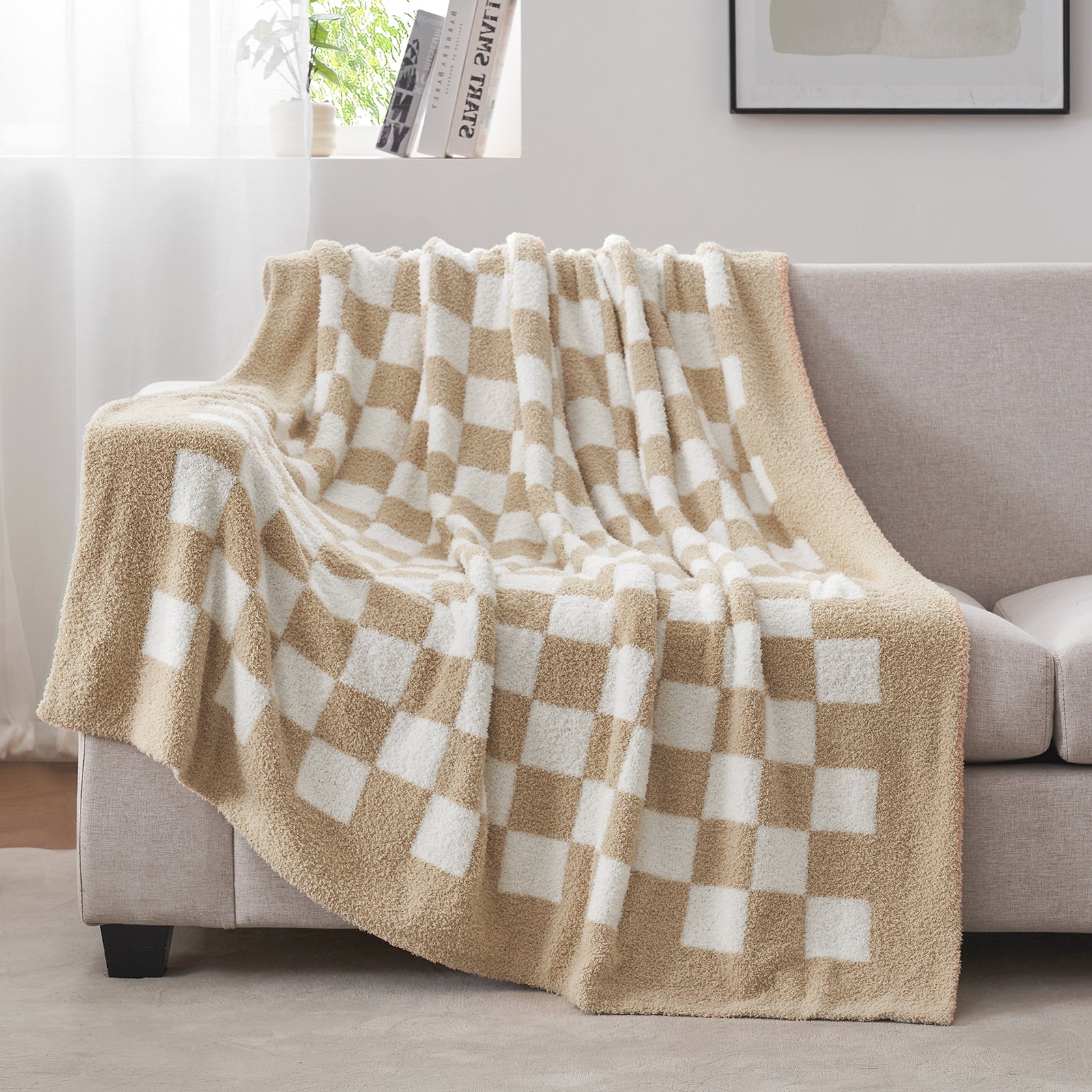 Checkered blanket draped over a sofa in a living room setting #color_Checkered Beige
