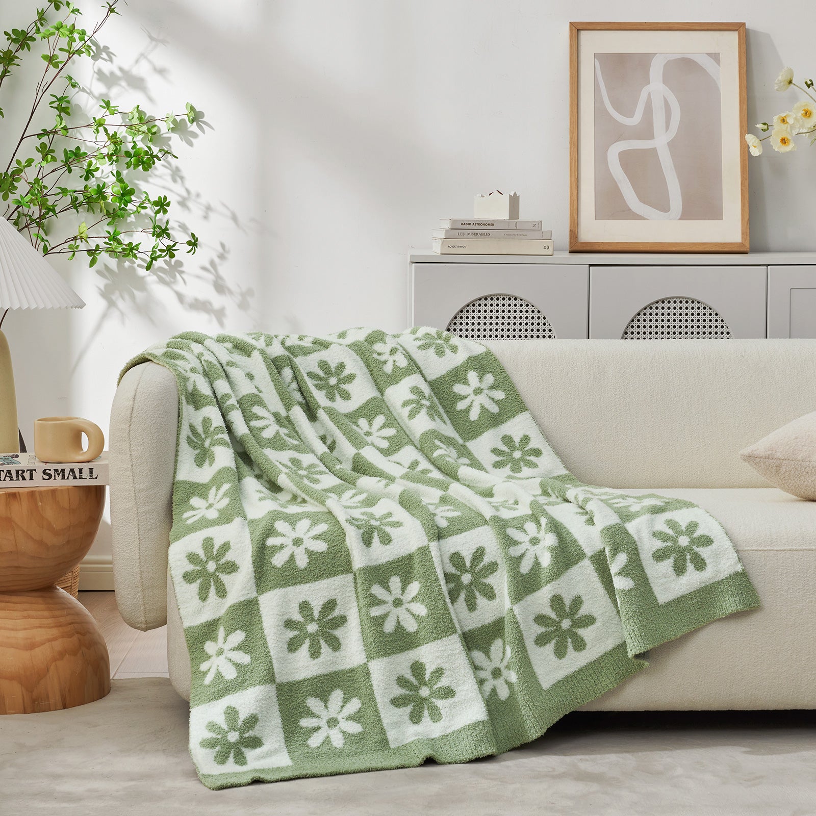 Green and white patterned blanket draped over a beige sofa in a living room. #color_Sage Green