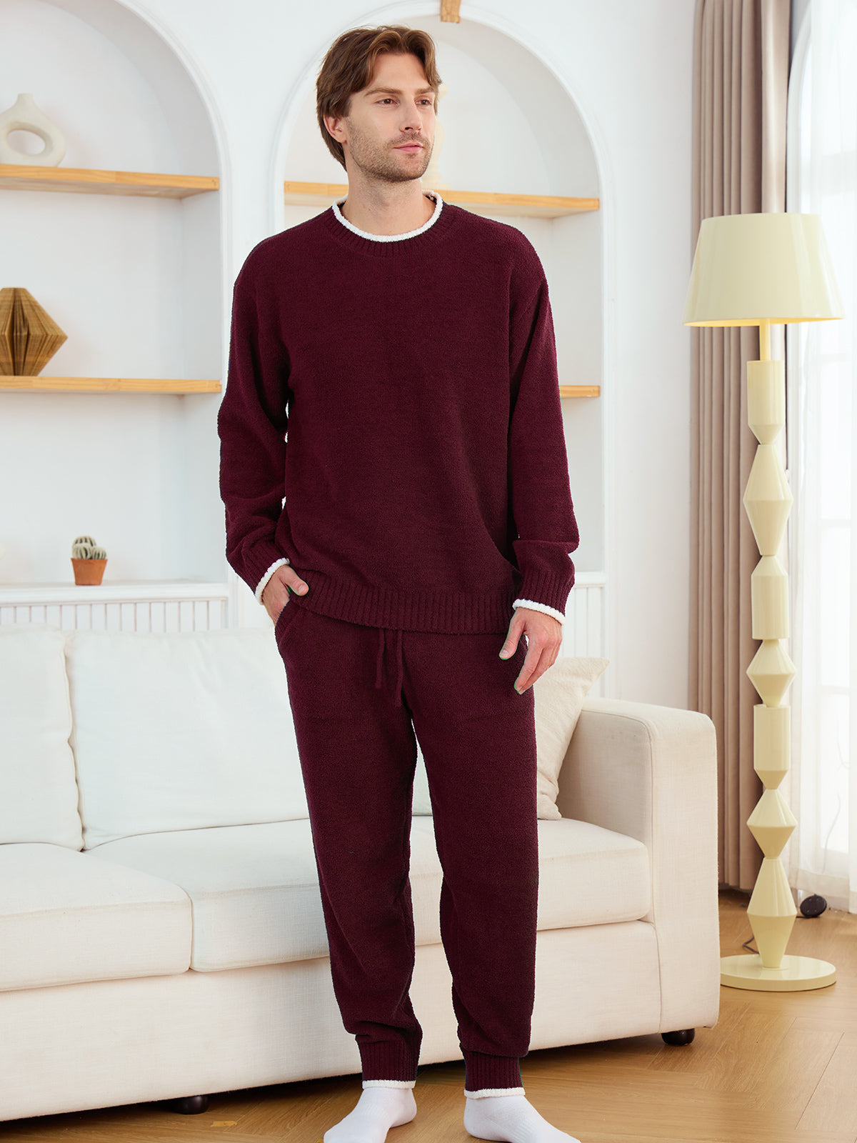 SnuggleChic Men Long Sleeve Crewneck Knit Loungewear Set - Xmas Red