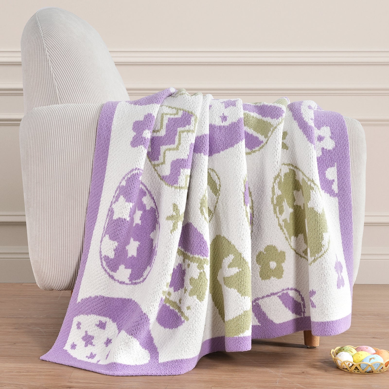 SnugCozy Easter Bunny and Eggs Chenille Knit Throw Blanket