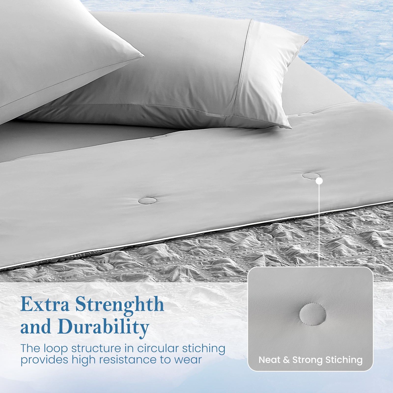 close up of Snuggle Sac cooling blanket, featuring extra durability#color_Grey