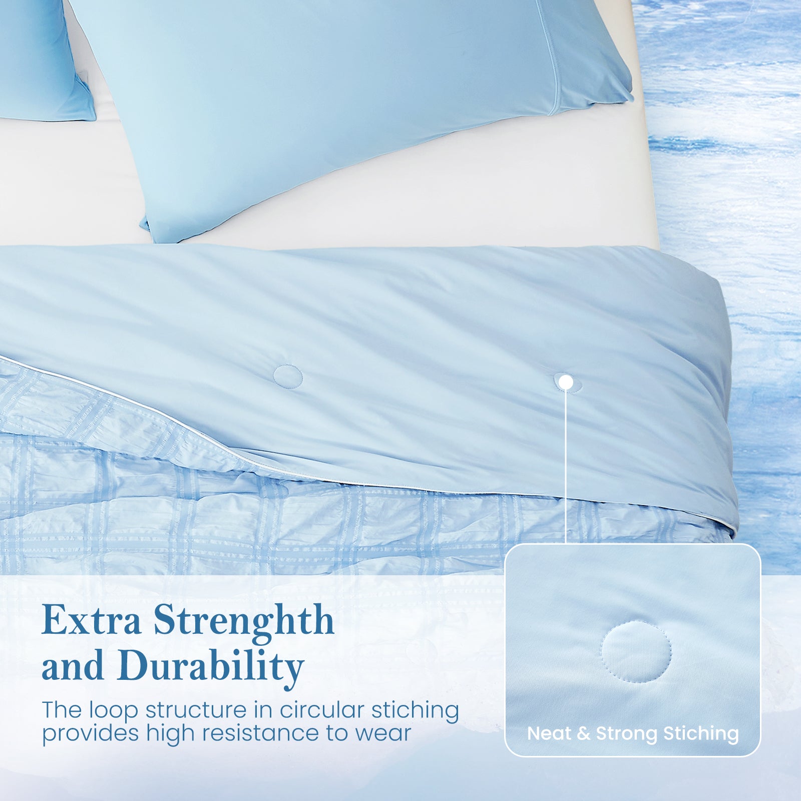 close up of Snuggle Sac cooling blanket, featuring extra durability#color_Blue