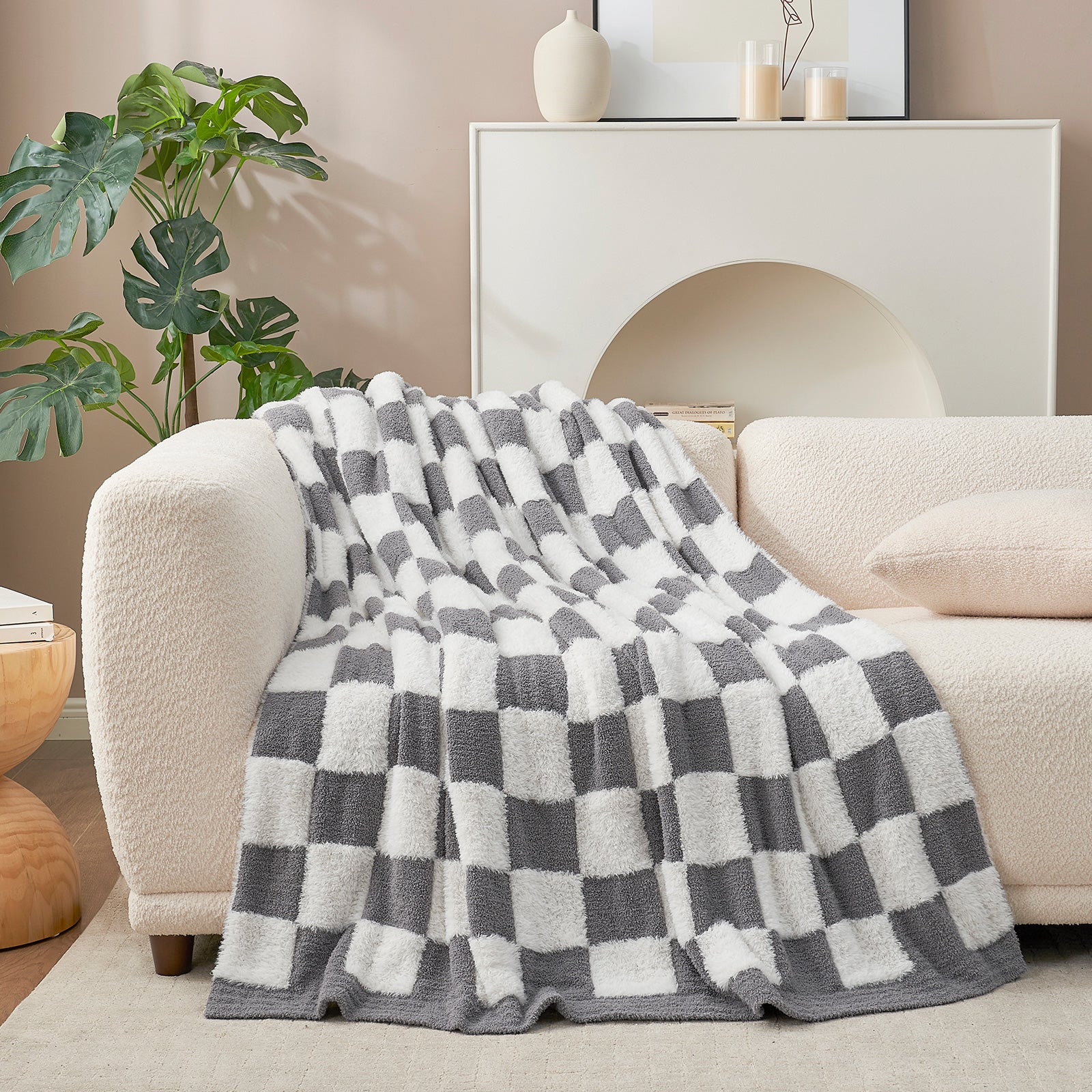 Checkered Faux Fur Microfiber Blanket - #Color_Grey White