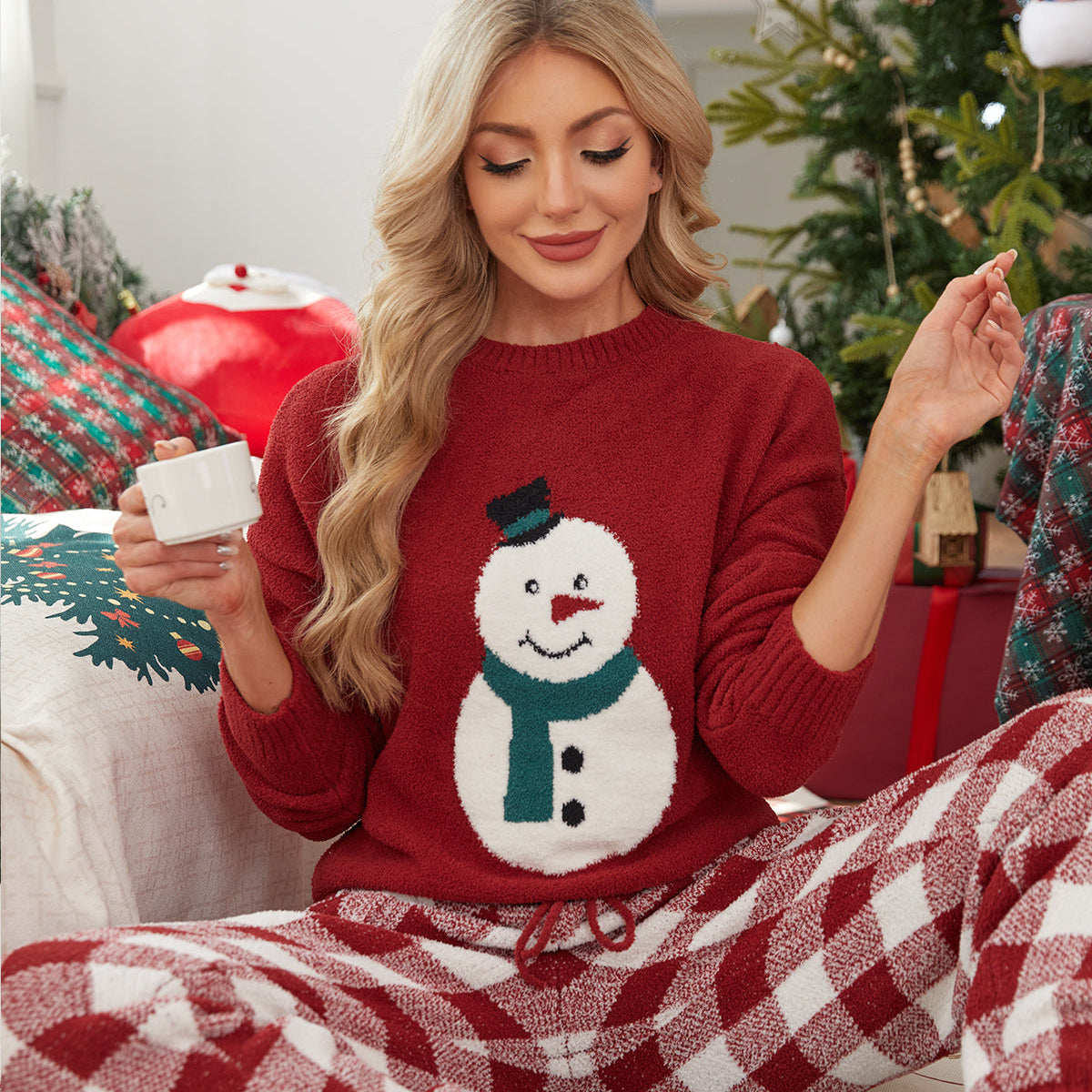 SnuggleChic Women Long Sleeve Crewneck Knit Loungewear Set - Snowman