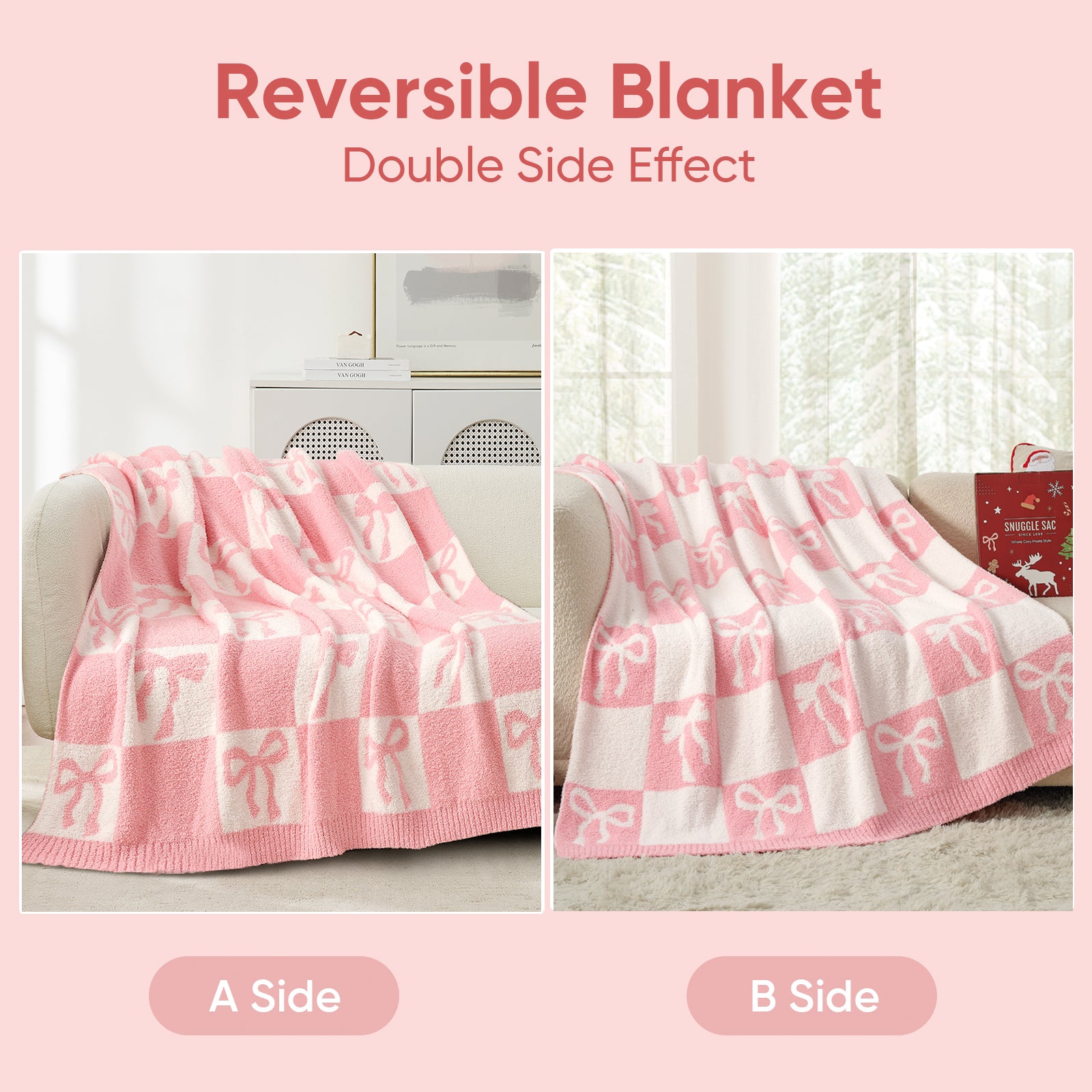 SnugCozy Reversible Checkered Bow Feather Yarn Knit Throw Blanket