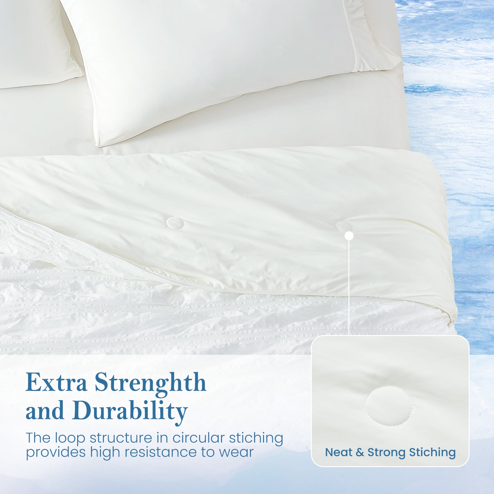 Snuggle Sac Cooling comforter in white on bed showing extra durability#color_White