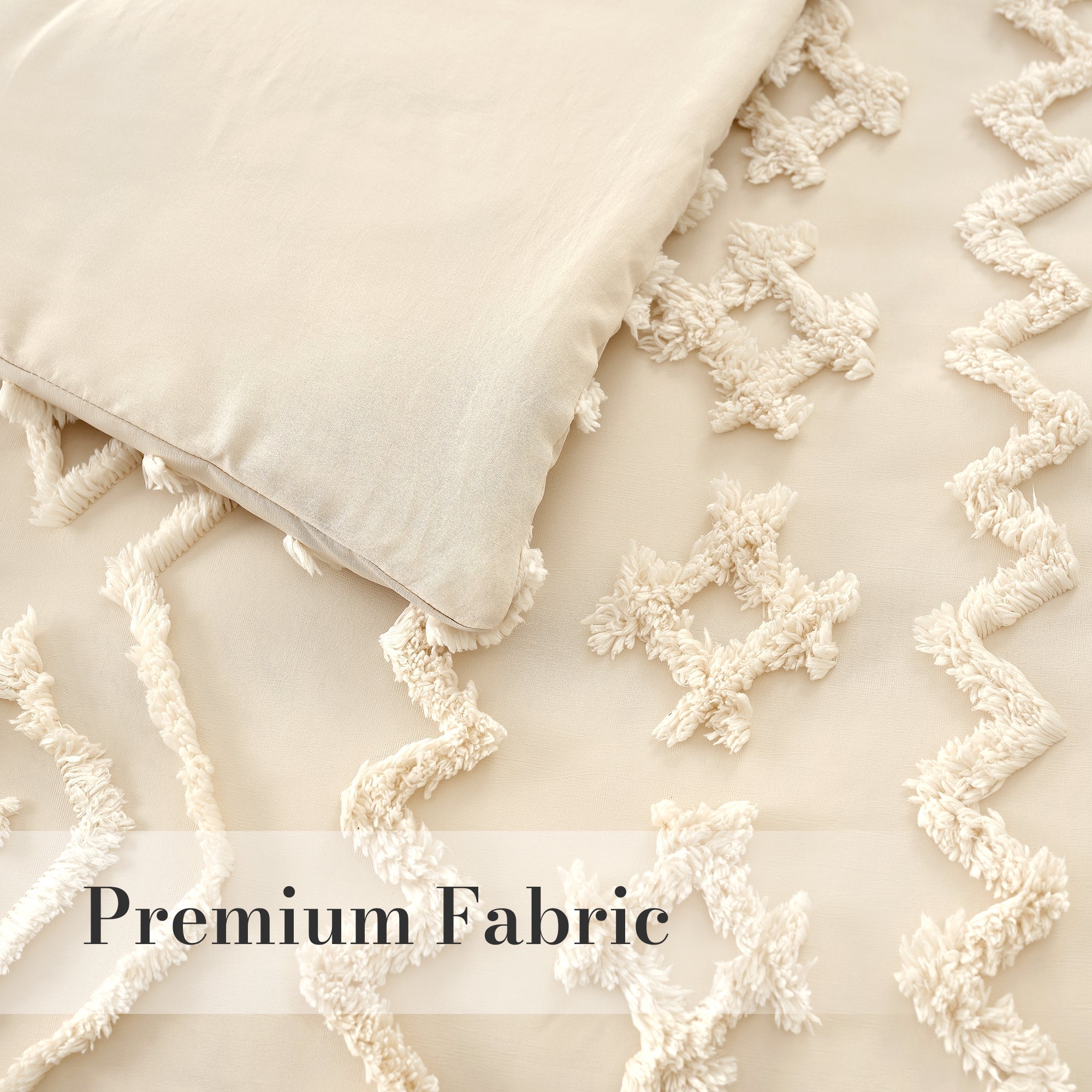 close up of Snuggle Sac All-Season Boho Deluxe Embroidery Comforter Set, featuring premium fabric#color_Beige