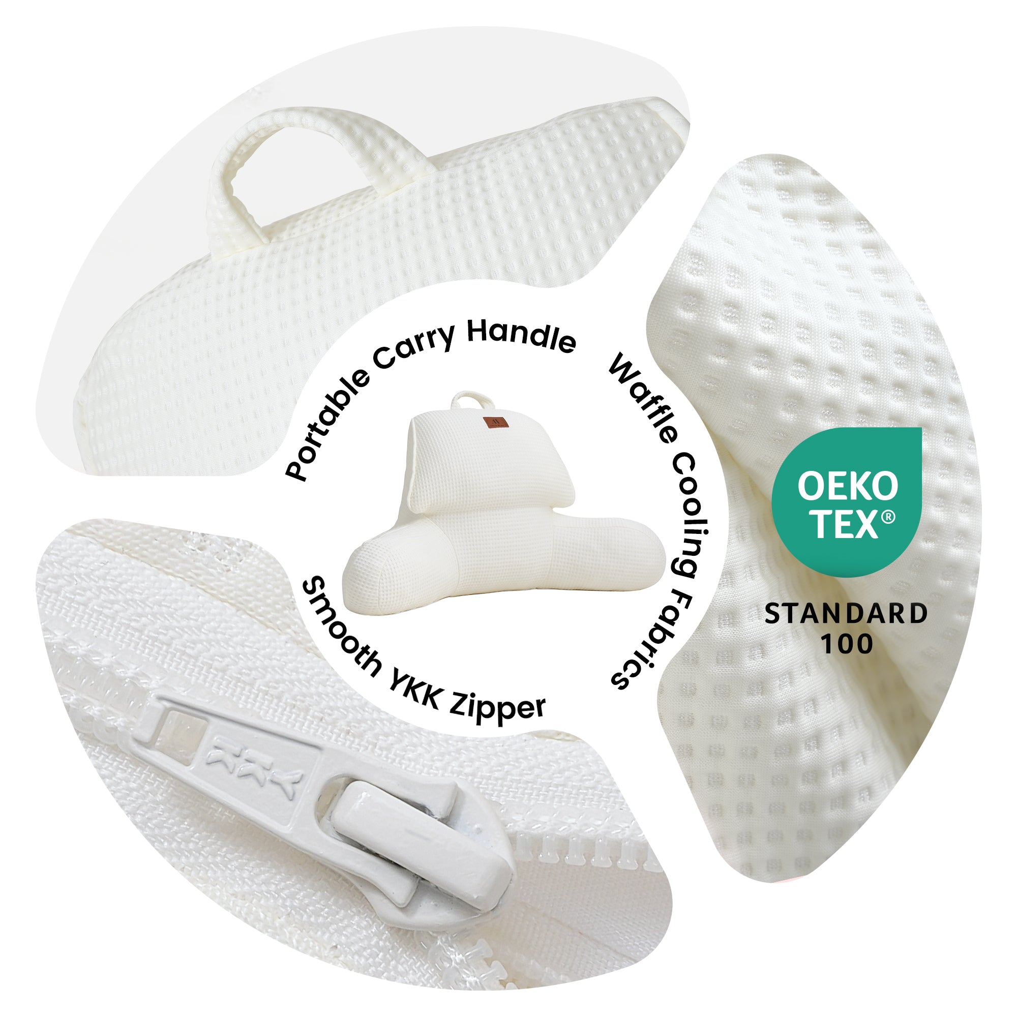 Design details of Snuggle Sac backrest pillow, portable carry handle, waffle cooling fabric and smooth zipper.#Color_Ivory