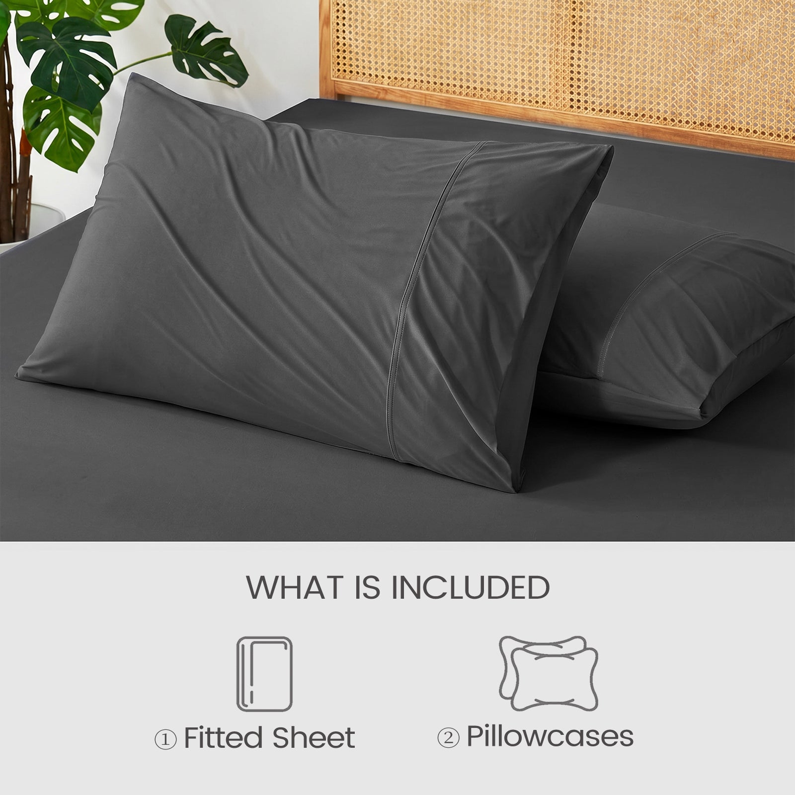 Charcoal gray fitted sheet and pillowcases included in Snuggle Sac sheet set.#color_Charcoal Grey