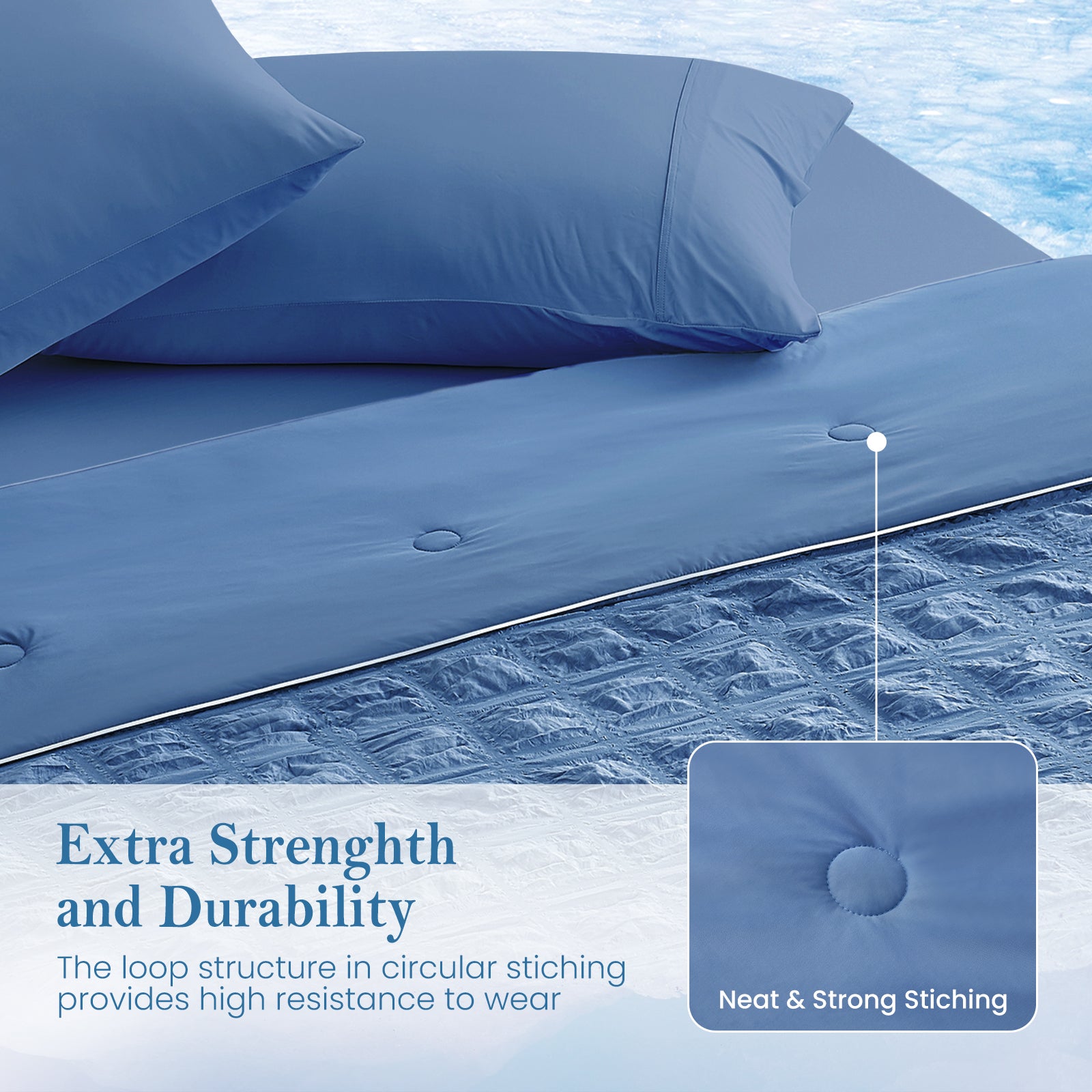 close up of Snuggle Sac cooling blanket, featuring extra durability#color_Dark Blue
