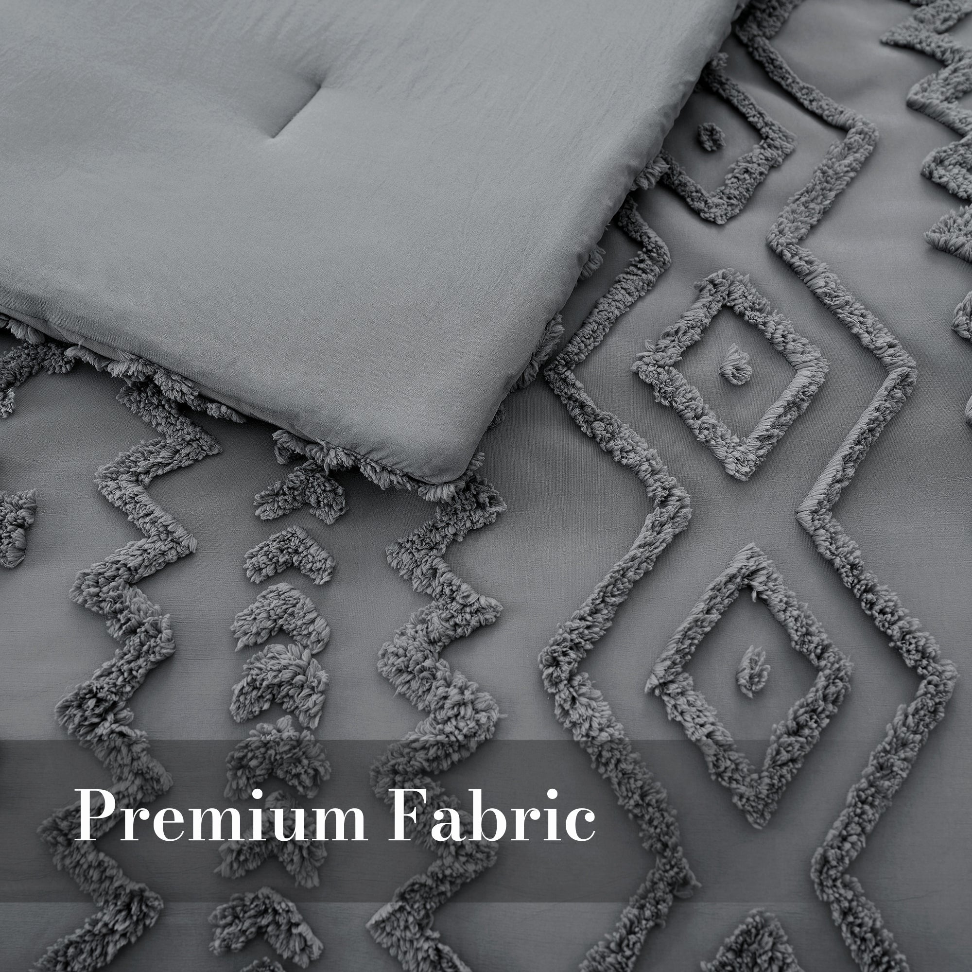 close up of Snuggle Sac All-Season Boho Deluxe Embroidery Comforter Set, featuring premium fabric#color_Dark Grey