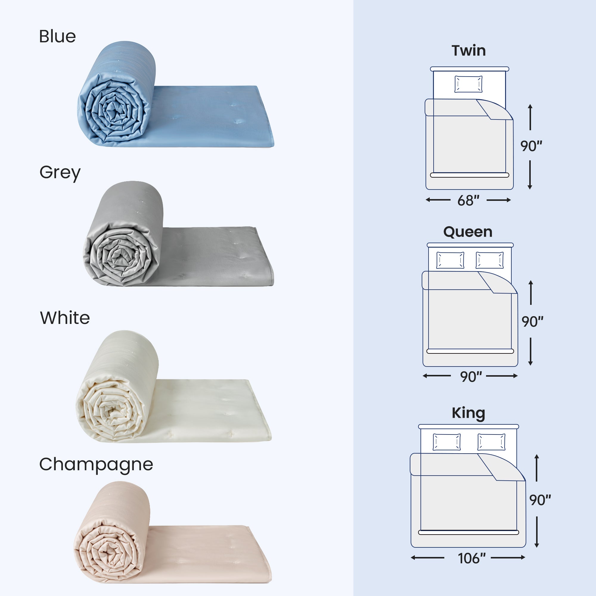 Snuggle Sac cooling blanket with different colours and sizes