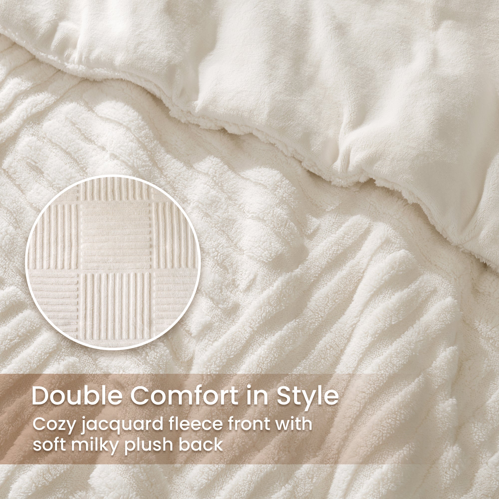 Close-up of a textured fabric with 'Double Comfort in Style' text and jacquard fleece detail.#color_Beige