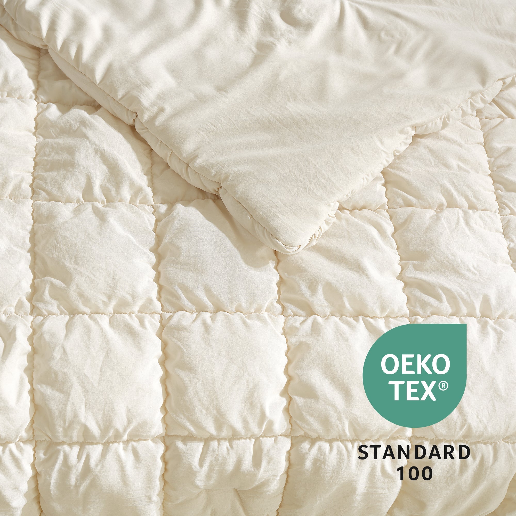 Snuggle Sac All-Season Bubble Comforter Set on bed with OEKO TEX Certificate#color_Beige