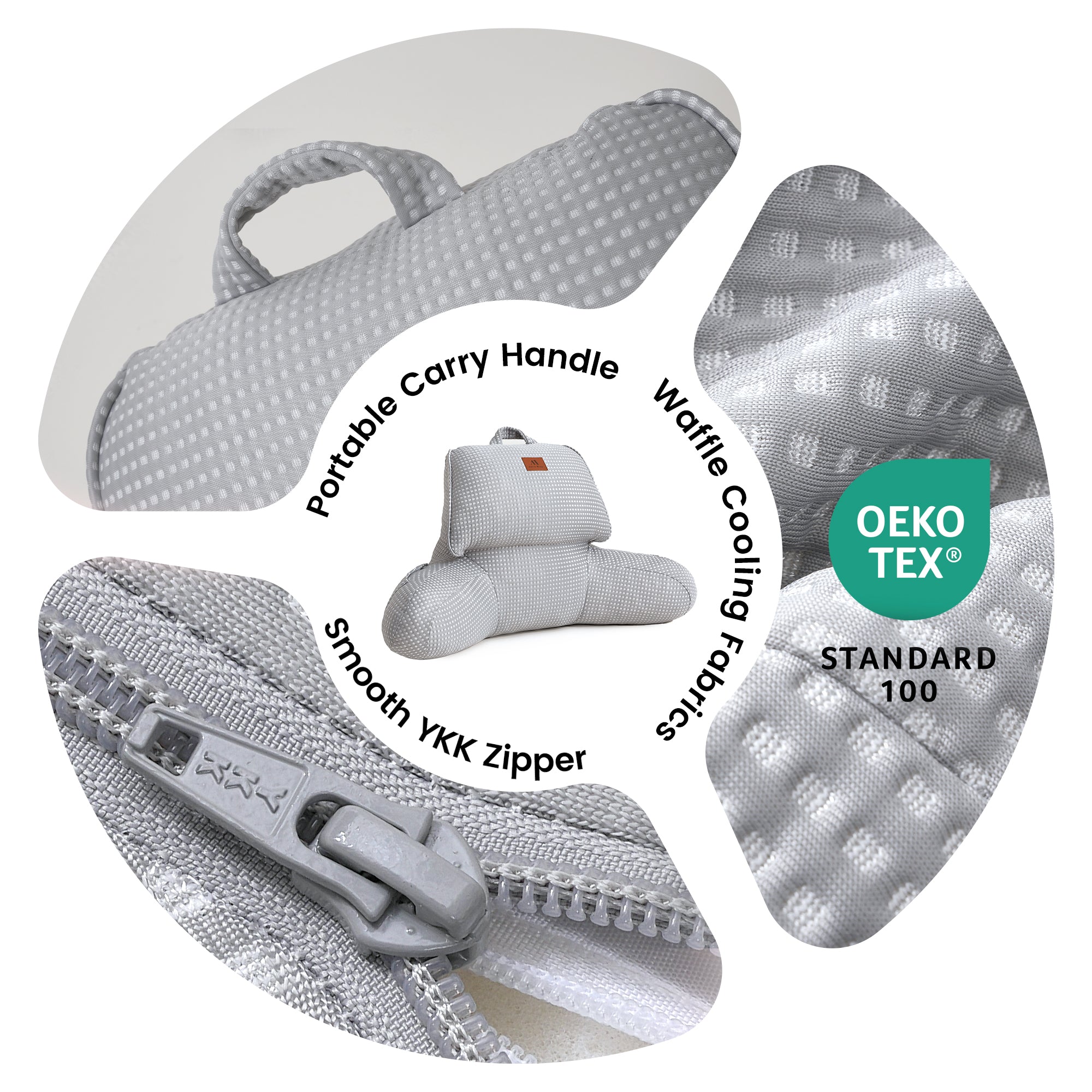 Design details of Snuggle Sac backrest pillow, portable carry handle, waffle cooling fabric and smooth zipper.#Color_Grey