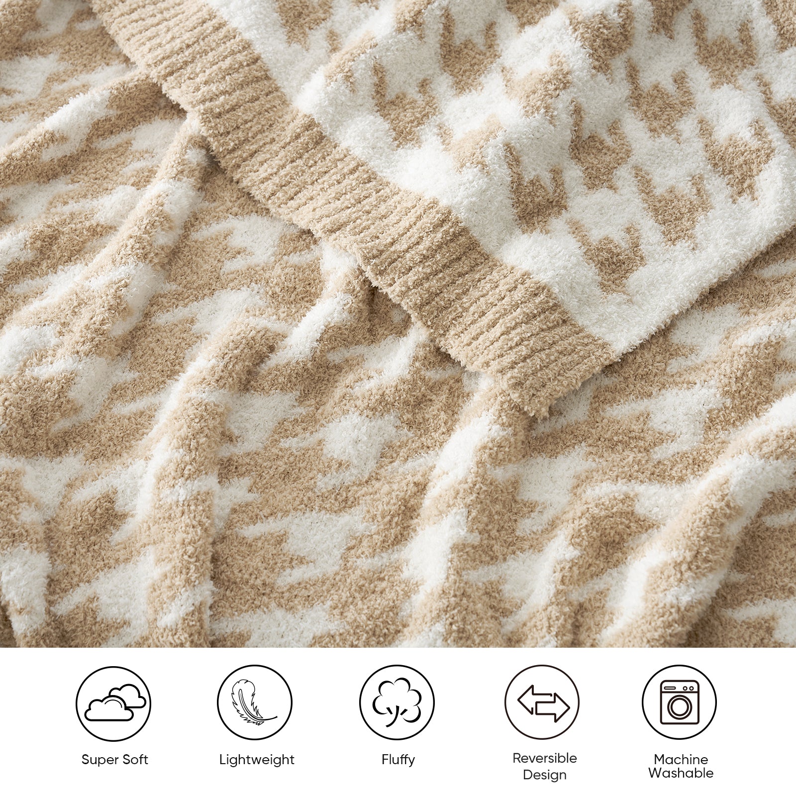 Close-up of a textured beige and white fabric with product features listed below. #color_Beige