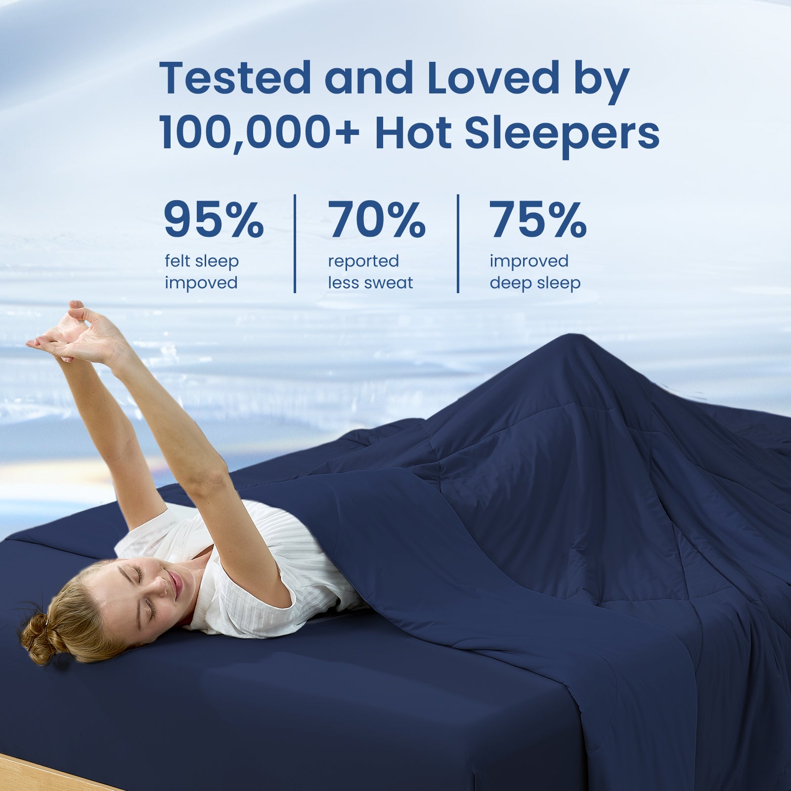 Woman waking up refreshed under cooling blanket, better sleep for hot sleepers.#Color_Dark Blue