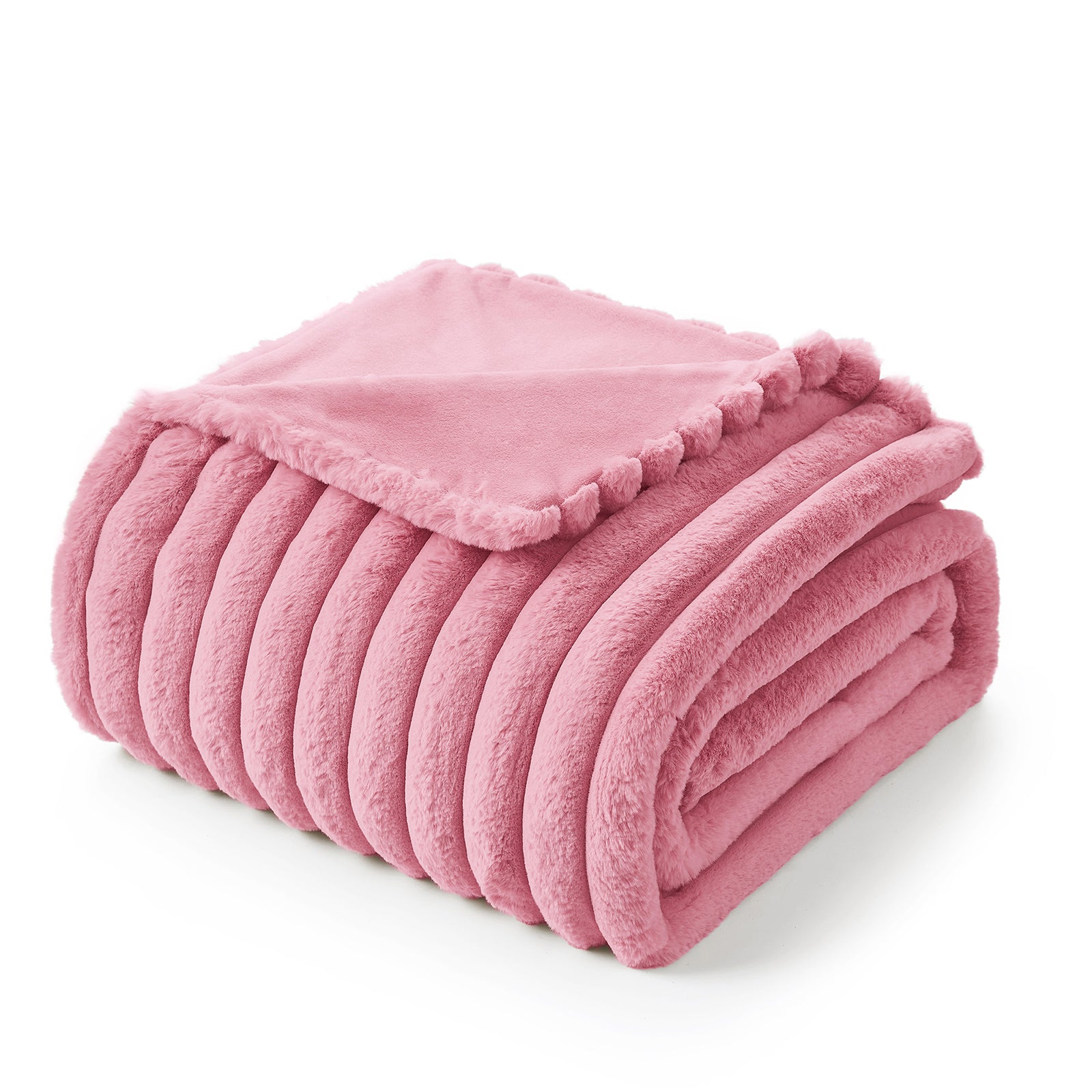 Snuggle Sac striped faux fur throw blanket in Pink folded front view #color_Pink