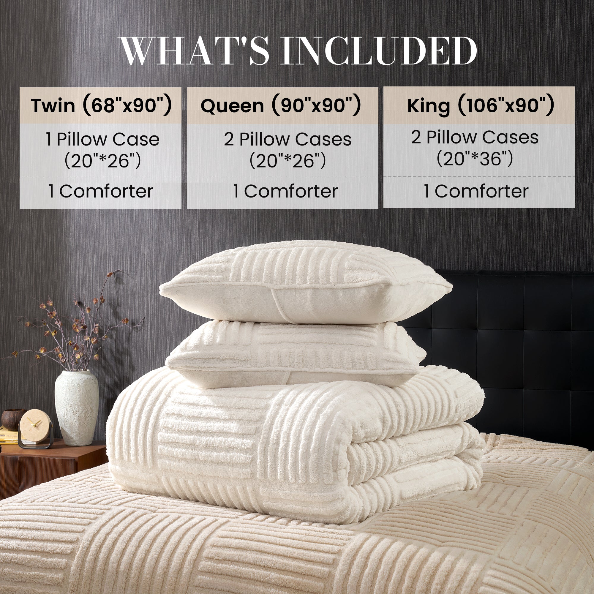 Snuggle SacWinter Stripe Jacquard Design Comforter Set in beige on bed showing different sizes#color_Beige