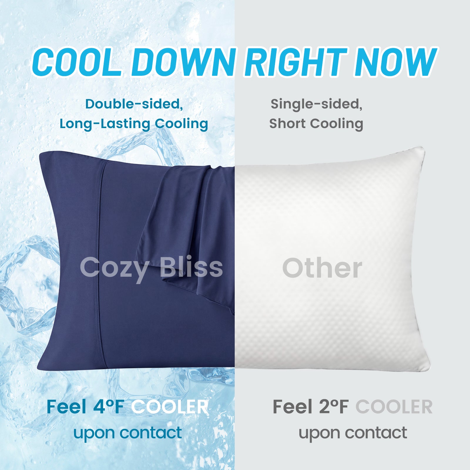 Snuggle Sac Pillows with text comparing cooling effects on a light blue background. #color_Dark Blue