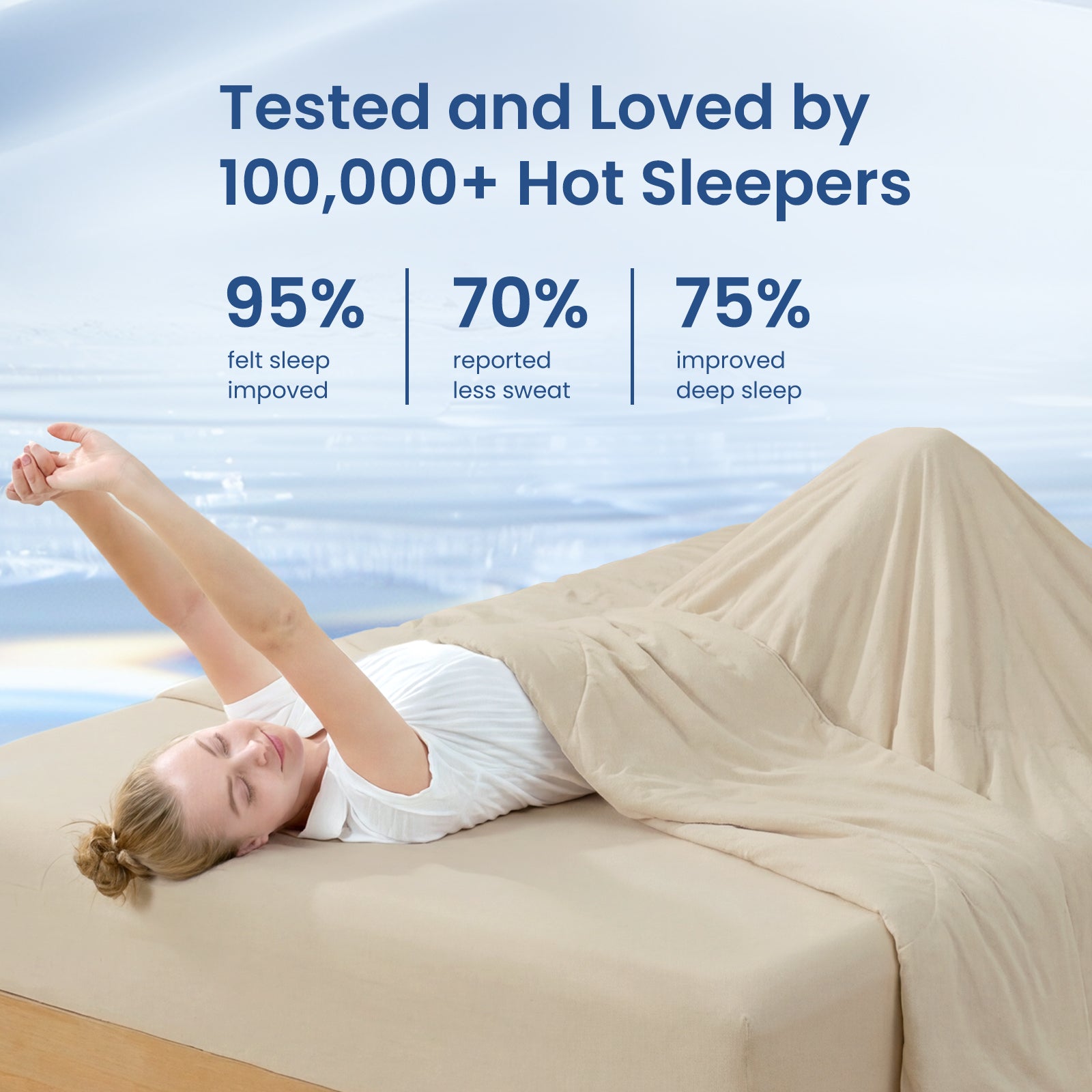 Woman waking up refreshed under cooling blanket, better sleep for hot sleepers. #Color_Khaki